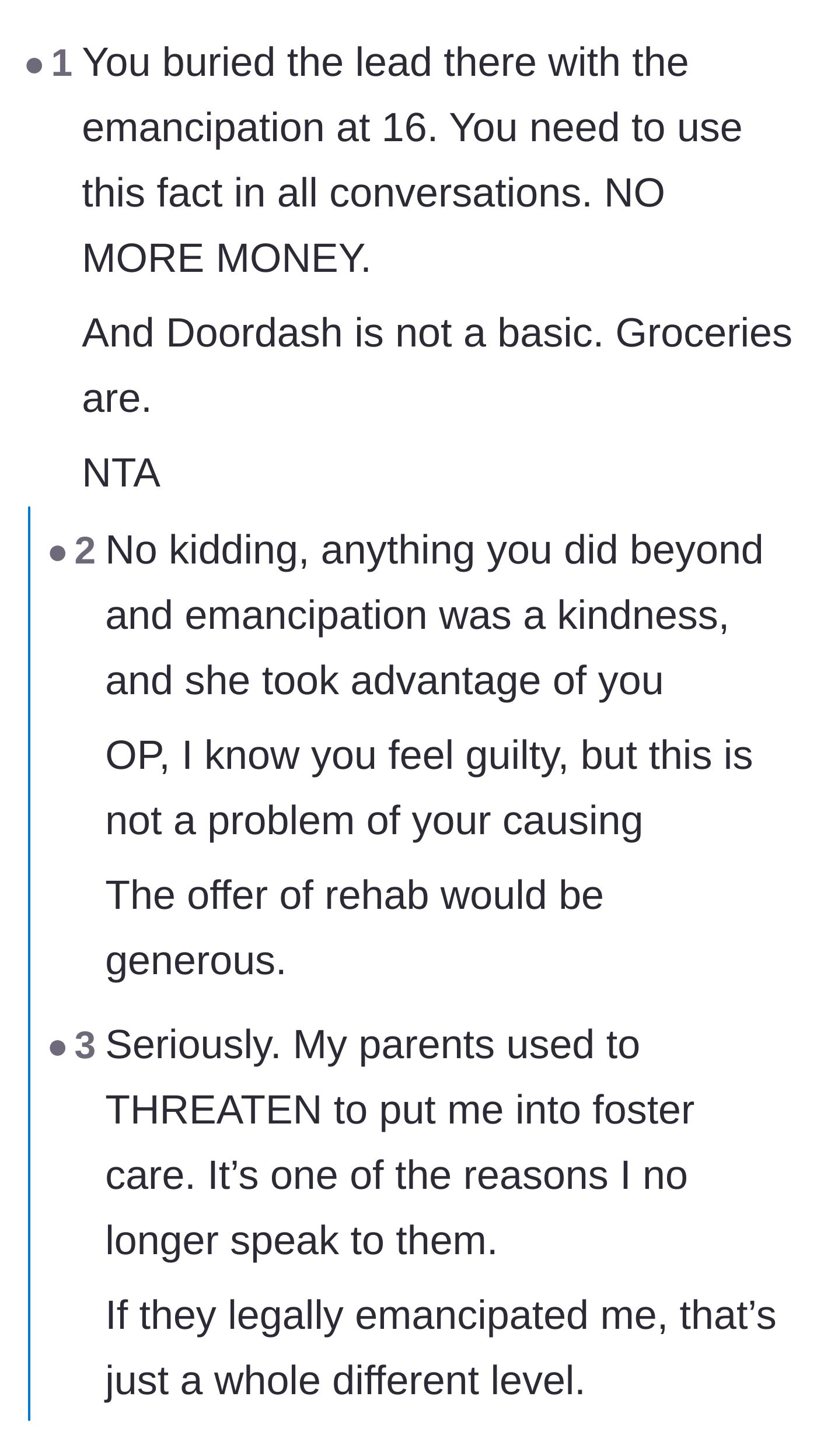 Comment thread 5 - Shocked reactions to the revelation that the mother legally emancipated the son when he was 16 years old.