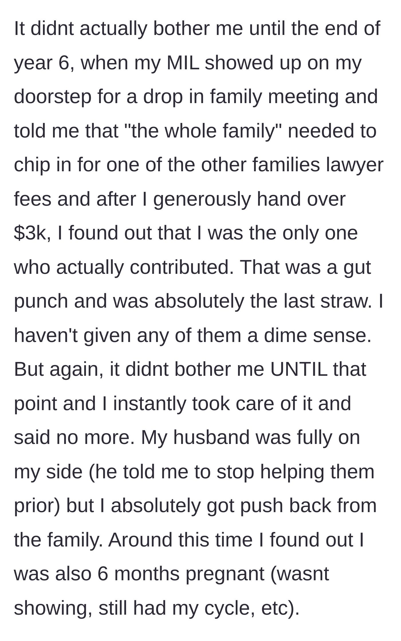 Story part 3 - Wife discovers she was the sole contributor to a $3,000 family legal fund, prompting her to cut off financial support.