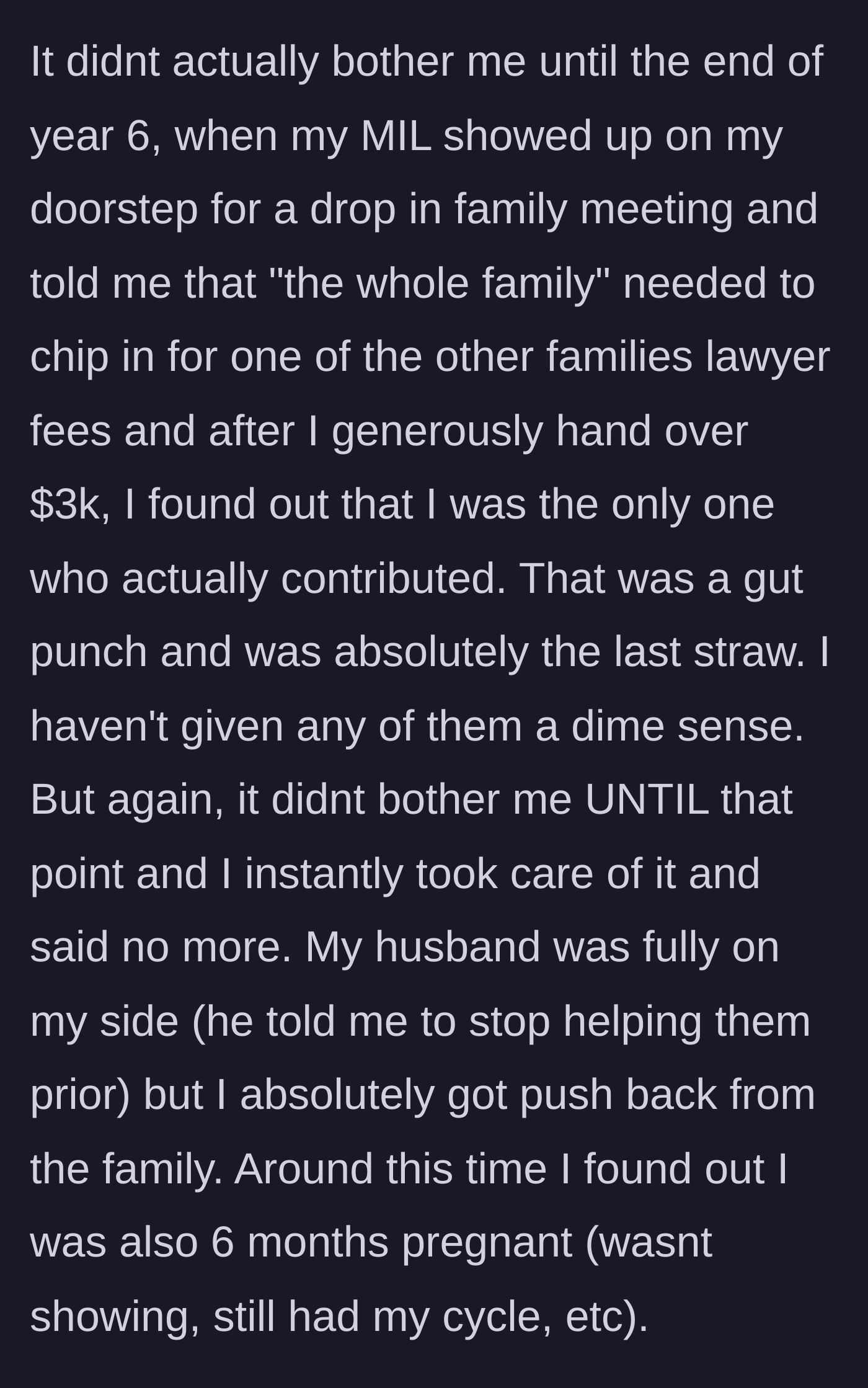 Story part 3 - Wife discovers she was the sole contributor to a $3,000 family legal fund, prompting her to cut off financial support.