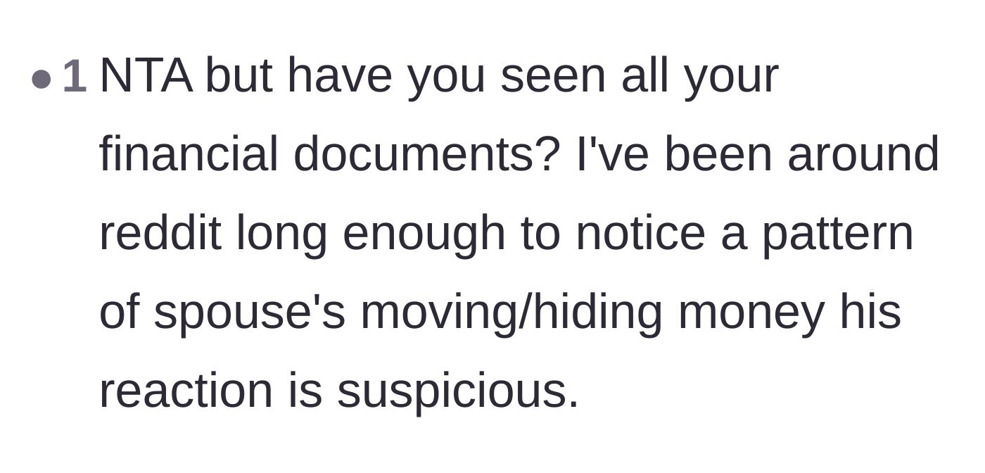 Comment thread 1 - Advice urging the wife to check their bank accounts for hidden money.
