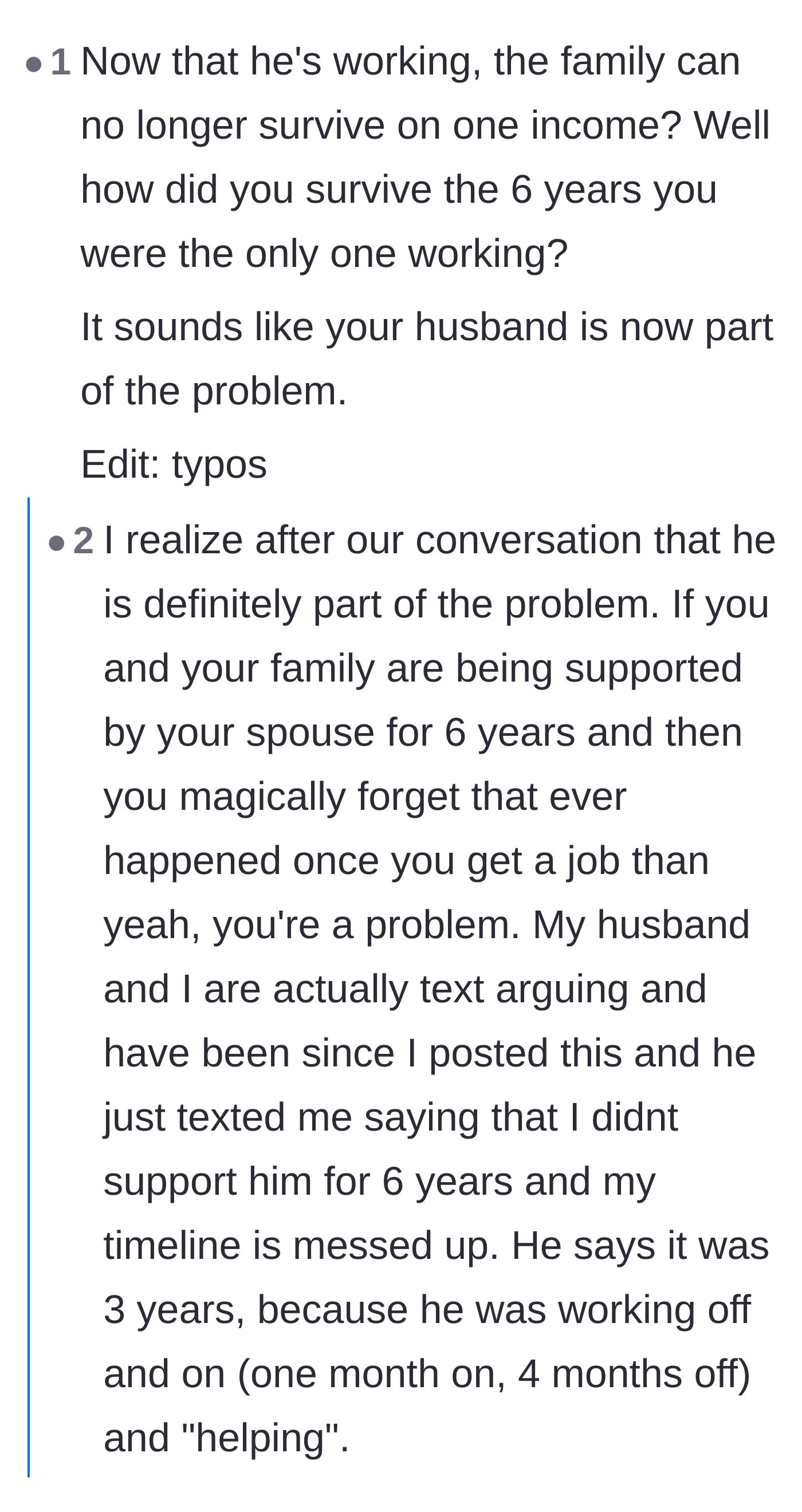 Comment thread 2 - A breakdown of the husband's hypocrisy and his text messages doubling down on his revisionist history.