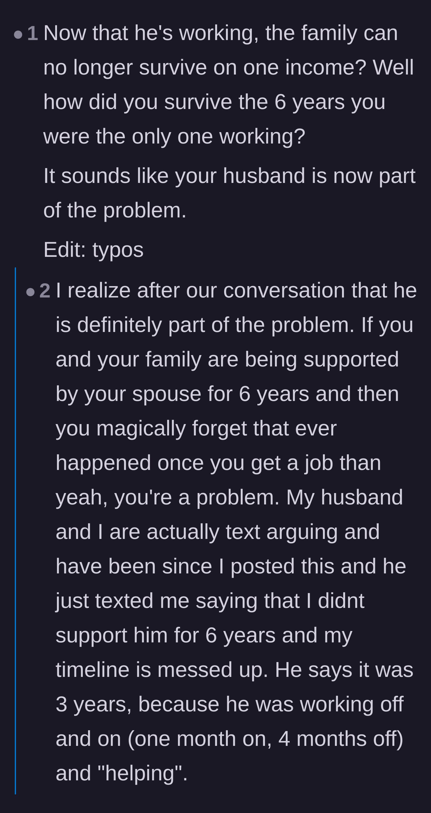 Comment thread 2 - A breakdown of the husband's hypocrisy and his text messages doubling down on his revisionist history.
