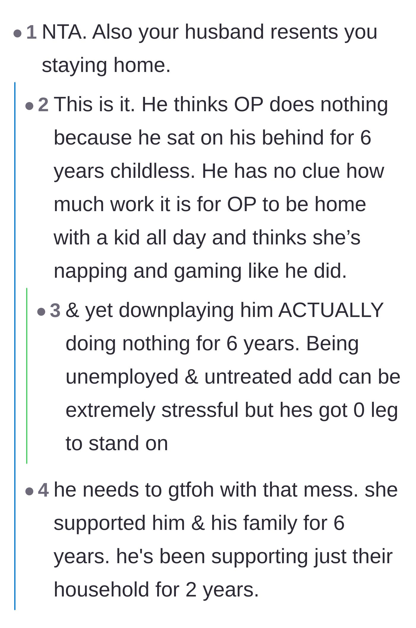 Comment thread 3 - Analysis pointing out that the husband actually resents his wife for being a stay-at-home mom.