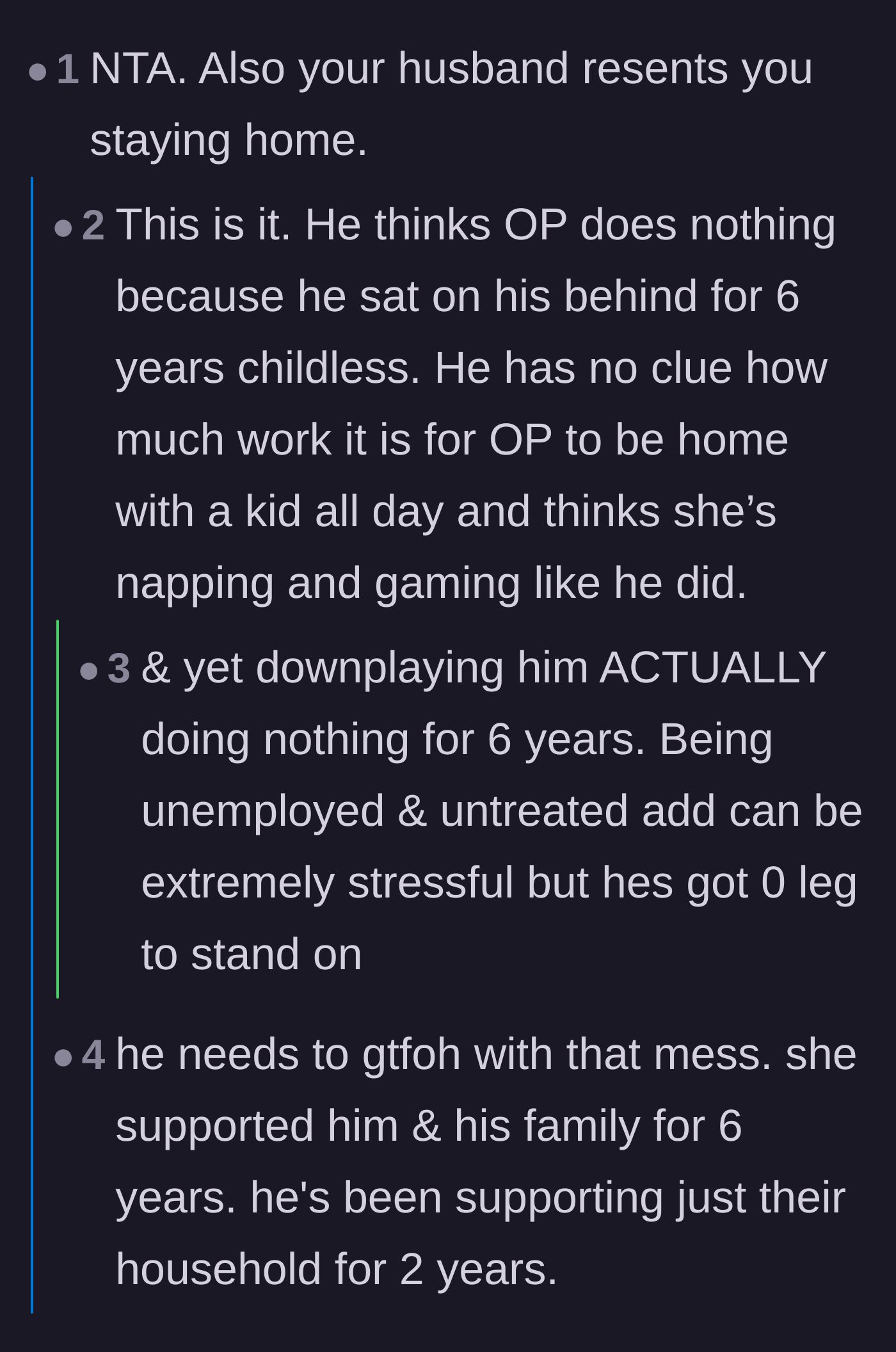 Comment thread 3 - Analysis pointing out that the husband actually resents his wife for being a stay-at-home mom.