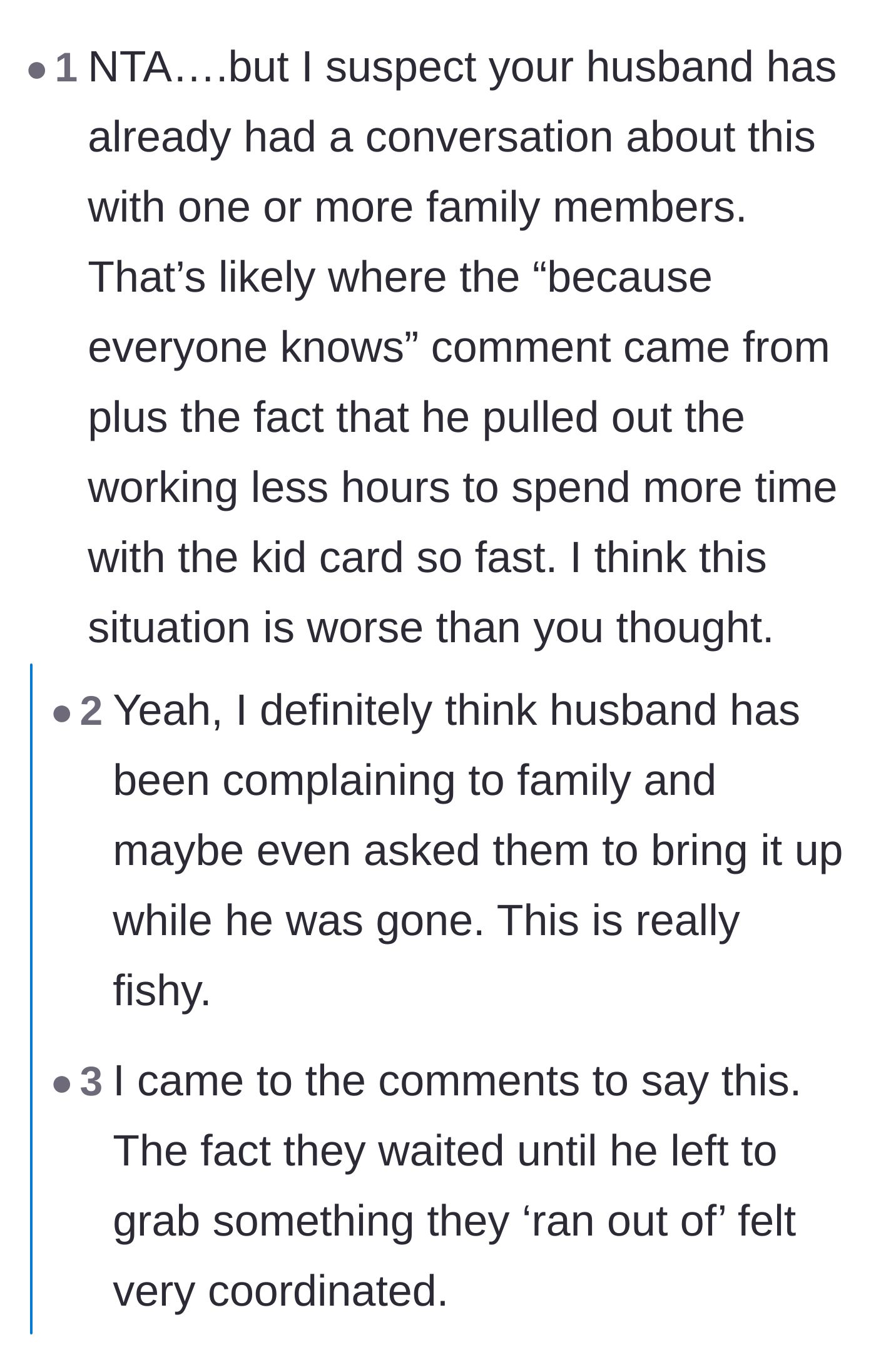 Comment thread 5 - Speculation that the husband coordinated the in-laws' attack and conveniently left the house on purpose.