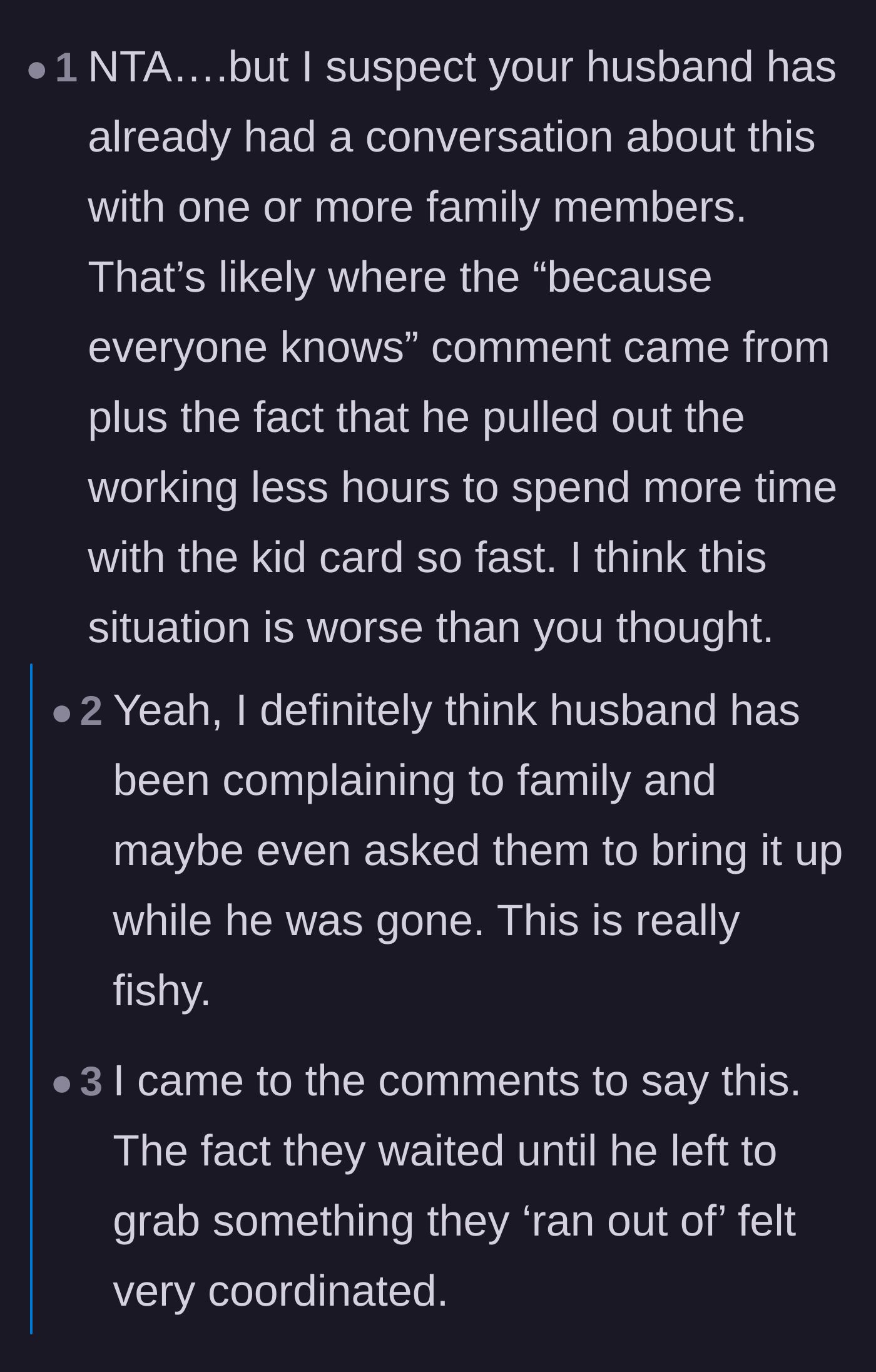 Comment thread 5 - Speculation that the husband coordinated the in-laws' attack and conveniently left the house on purpose.