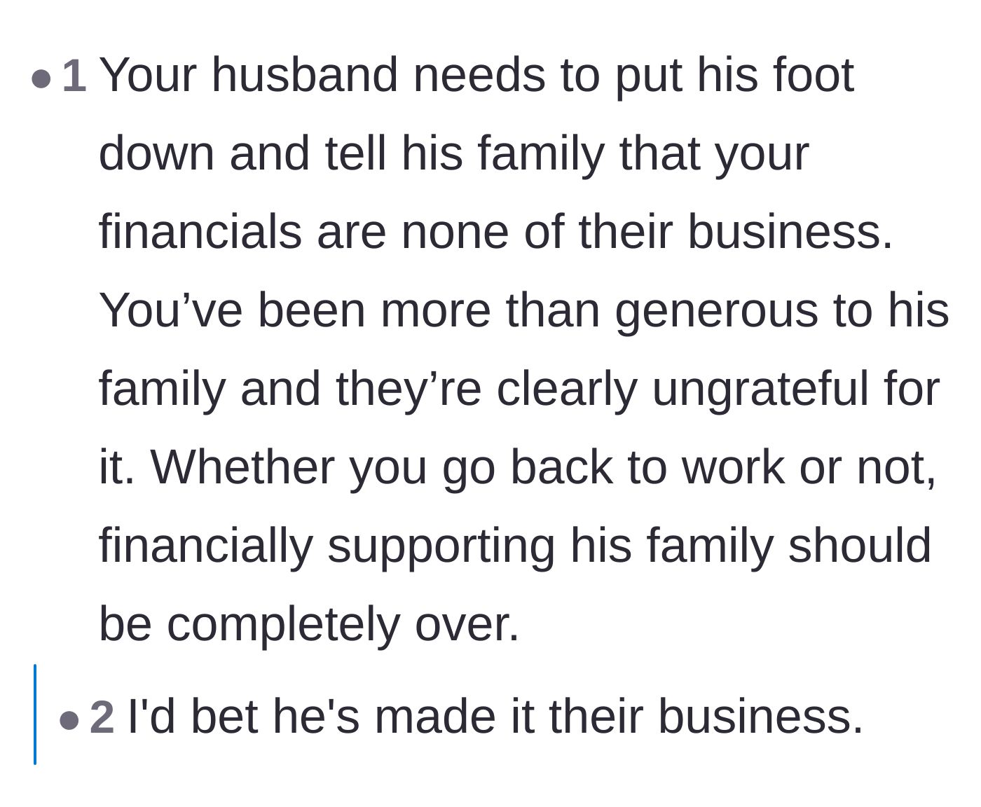 Comment thread 6 - A demand for the husband to finally defend his wife and set boundaries with his family.