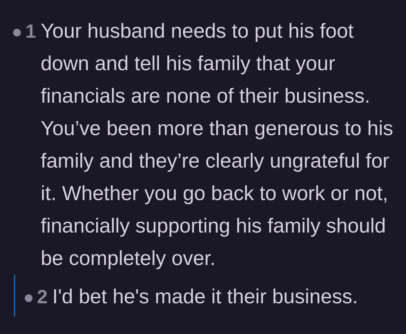 Comment thread 6 - A demand for the husband to finally defend his wife and set boundaries with his family.
