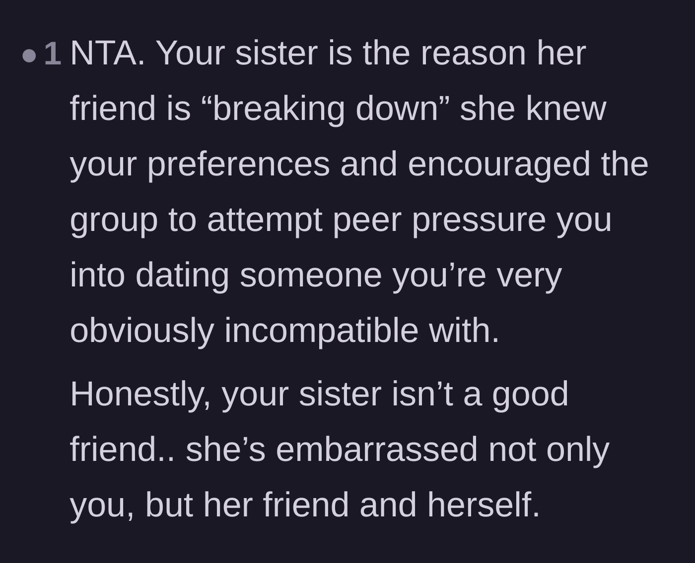 Comment thread 1 - Readers placing the blame entirely on the sister for setting up her friend for failure and embarrassing everyone.