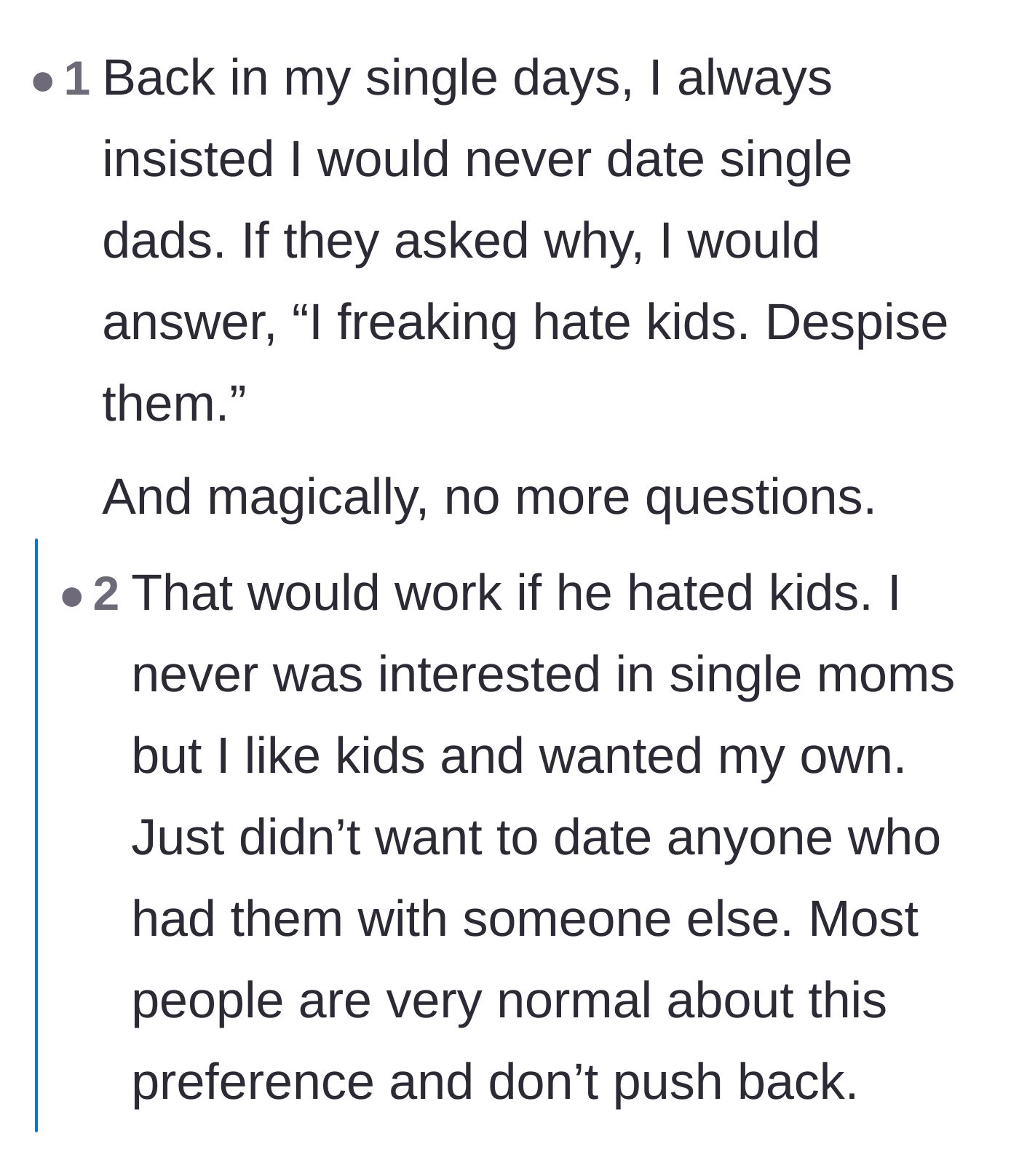 Comment thread 2 - A deep dive into the messy realities and double standards of refusing to date single parents.