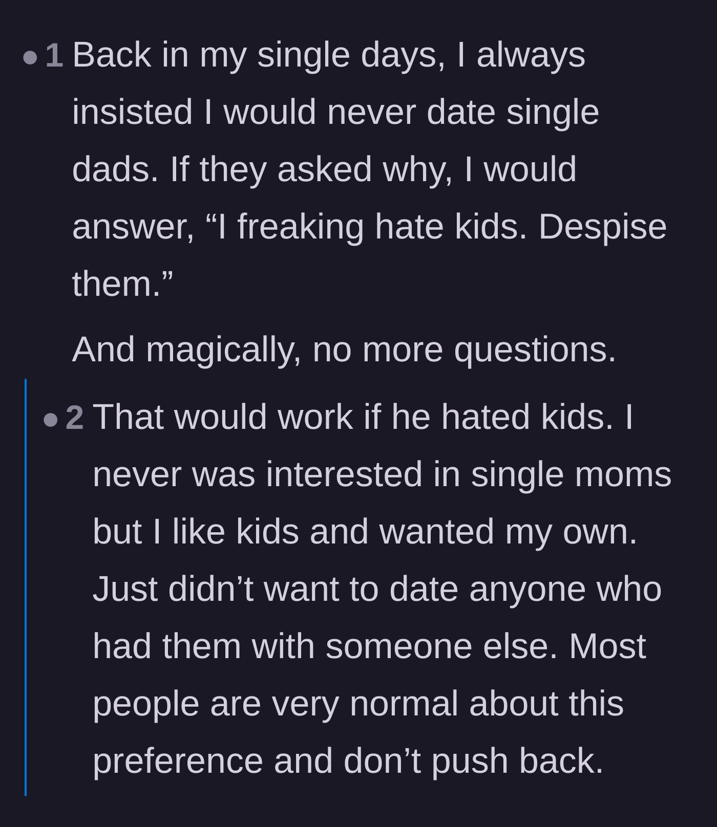 Comment thread 2 - A deep dive into the messy realities and double standards of refusing to date single parents.