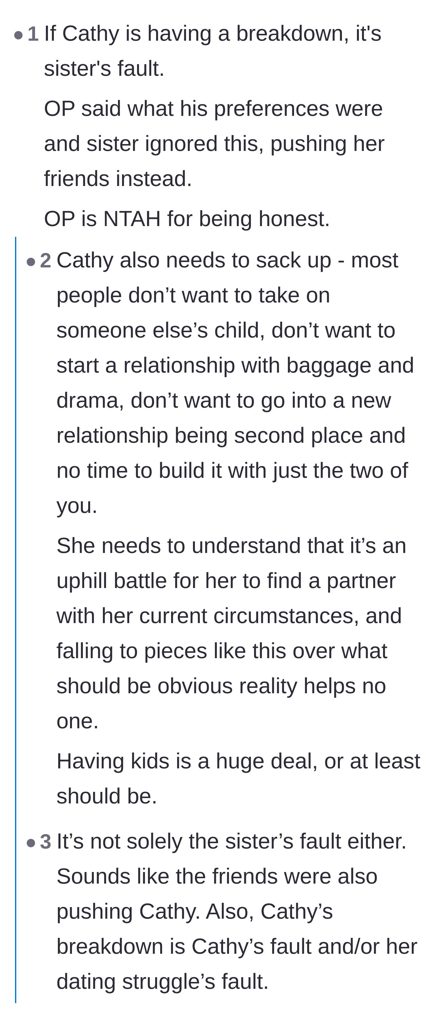 Comment thread 3 - Debating whether the single mom needs a reality check about her dating pool and the sister's lies.