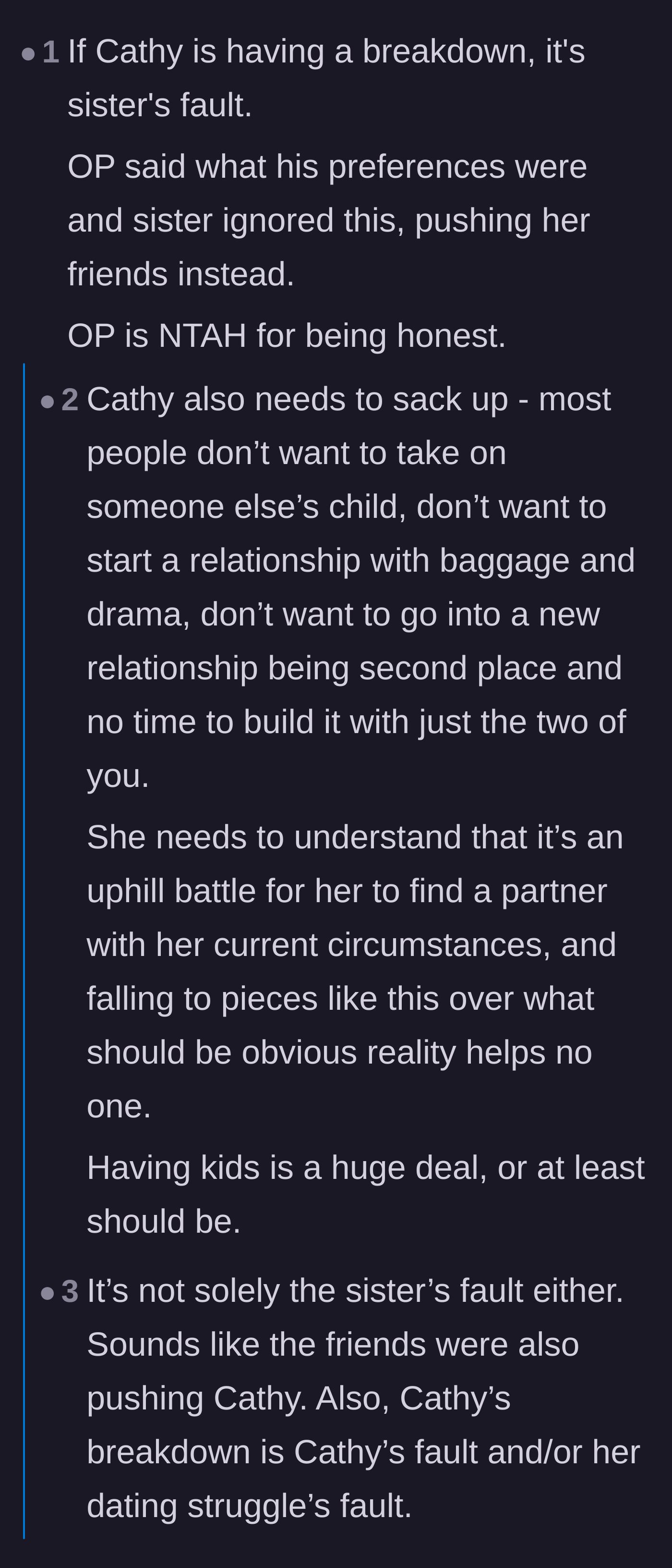 Comment thread 3 - Debating whether the single mom needs a reality check about her dating pool and the sister's lies.