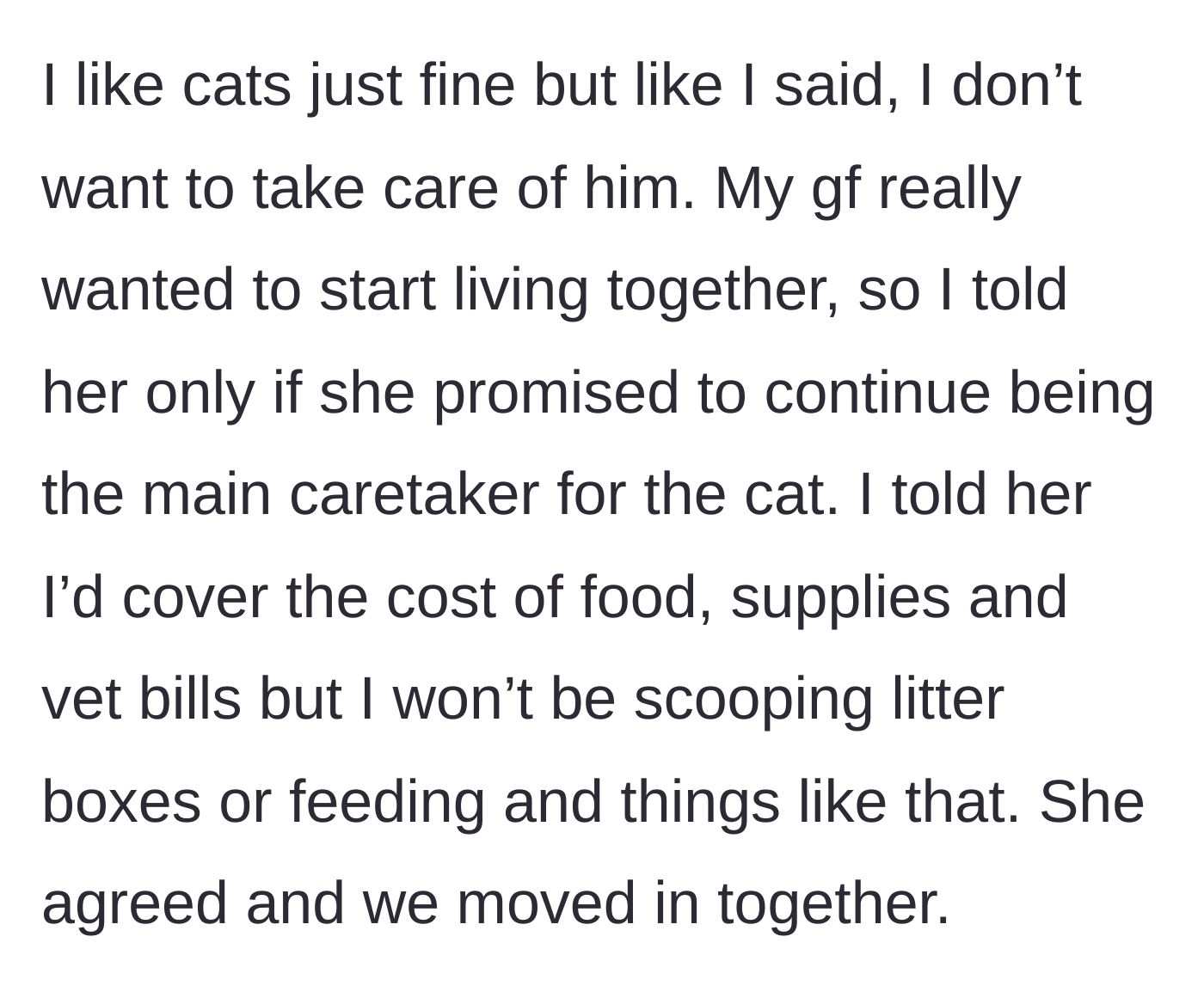 Story part 2 - The couple strikes a compromise where the boyfriend pays for all pet expenses while the girlfriend manages the physical care.