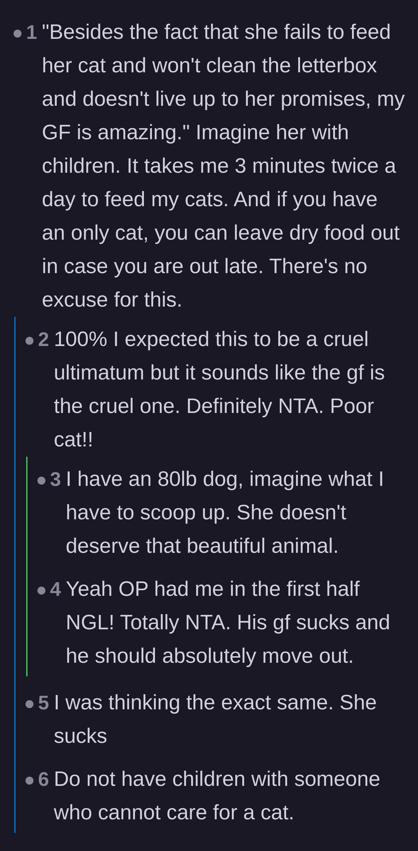 Comment thread 1 - Readers questioning the girlfriend's ability to parent and calling out the cognitive dissonance of calling her amazing.