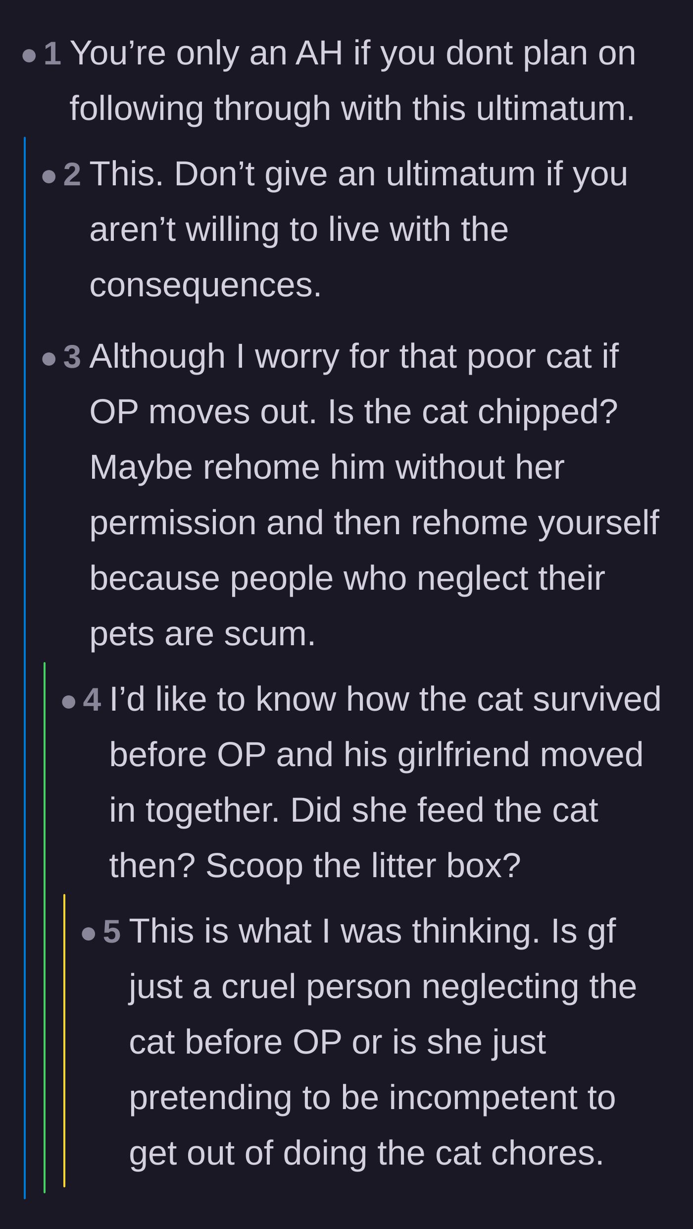Comment thread 2 - A debate on the necessity of enforcing the ultimatum and speculation about how the cat survived before the cohabitation.