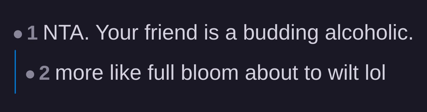 Comment thread 1 - Commenters bluntly label the friend's behavior as full-blown alcoholism.