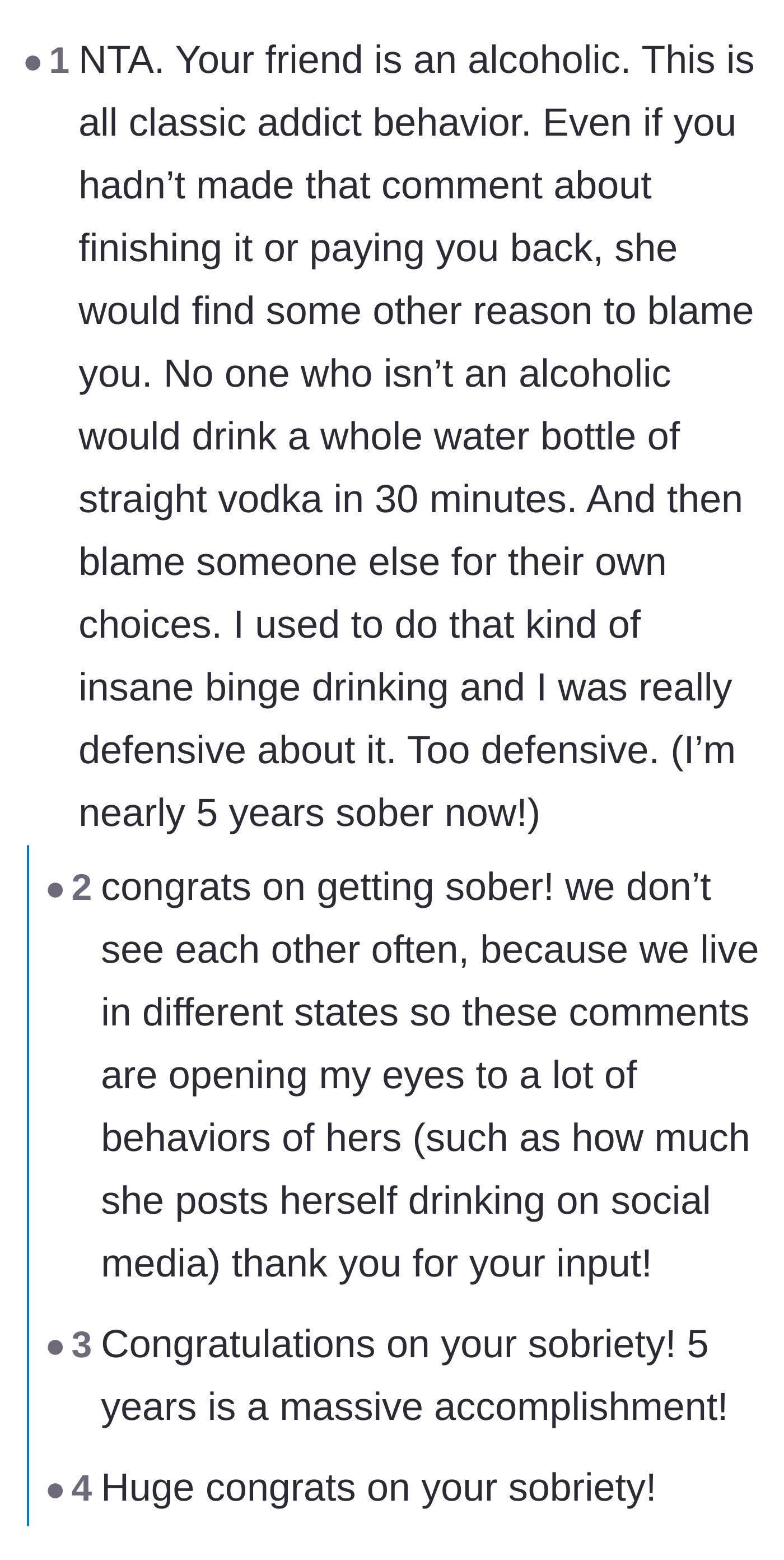 Comment thread 2 - A deep discussion about binge drinking where a sober commenter helps the author realize her friend's red flags.