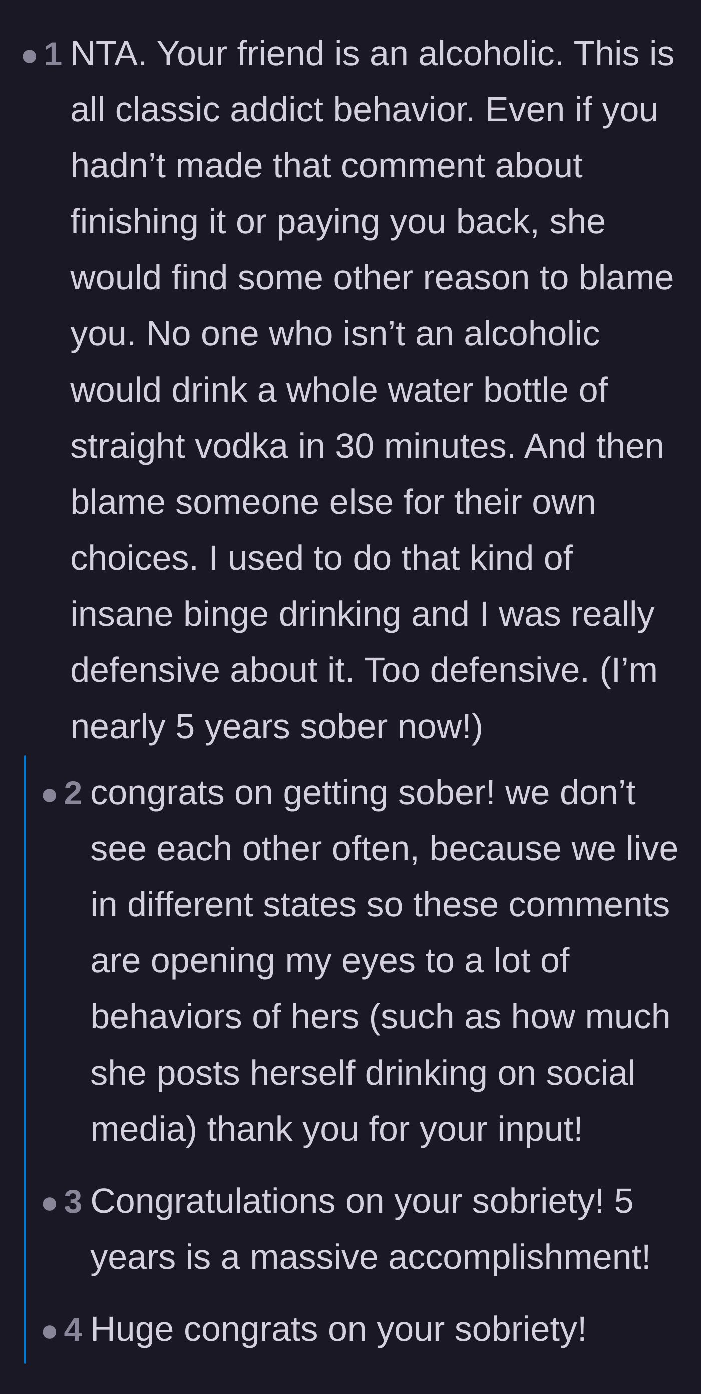 Comment thread 2 - A deep discussion about binge drinking where a sober commenter helps the author realize her friend's red flags.