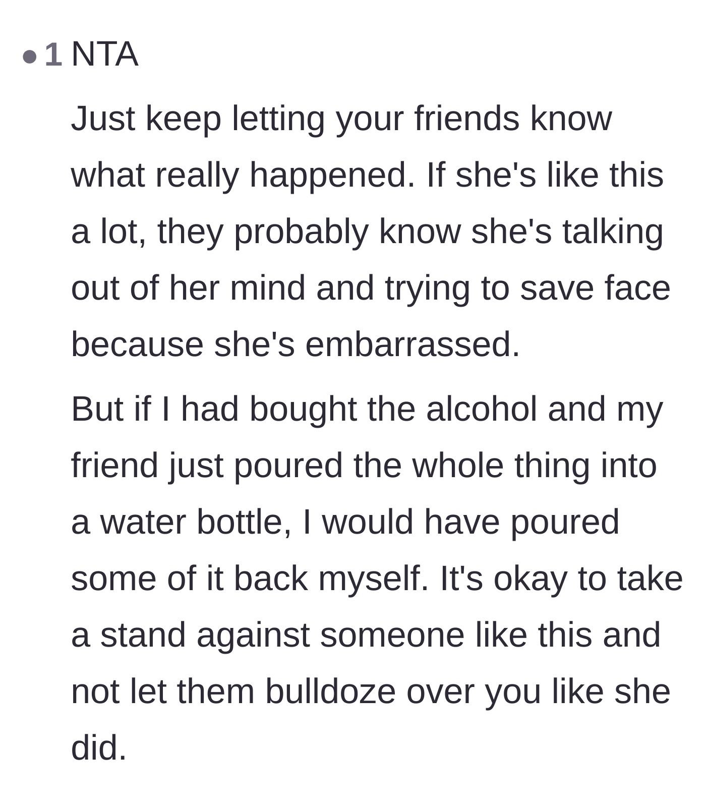 Comment thread 4 - Advice for the author to stand her ground and ignore the friend's embarrassing attempt to save face.