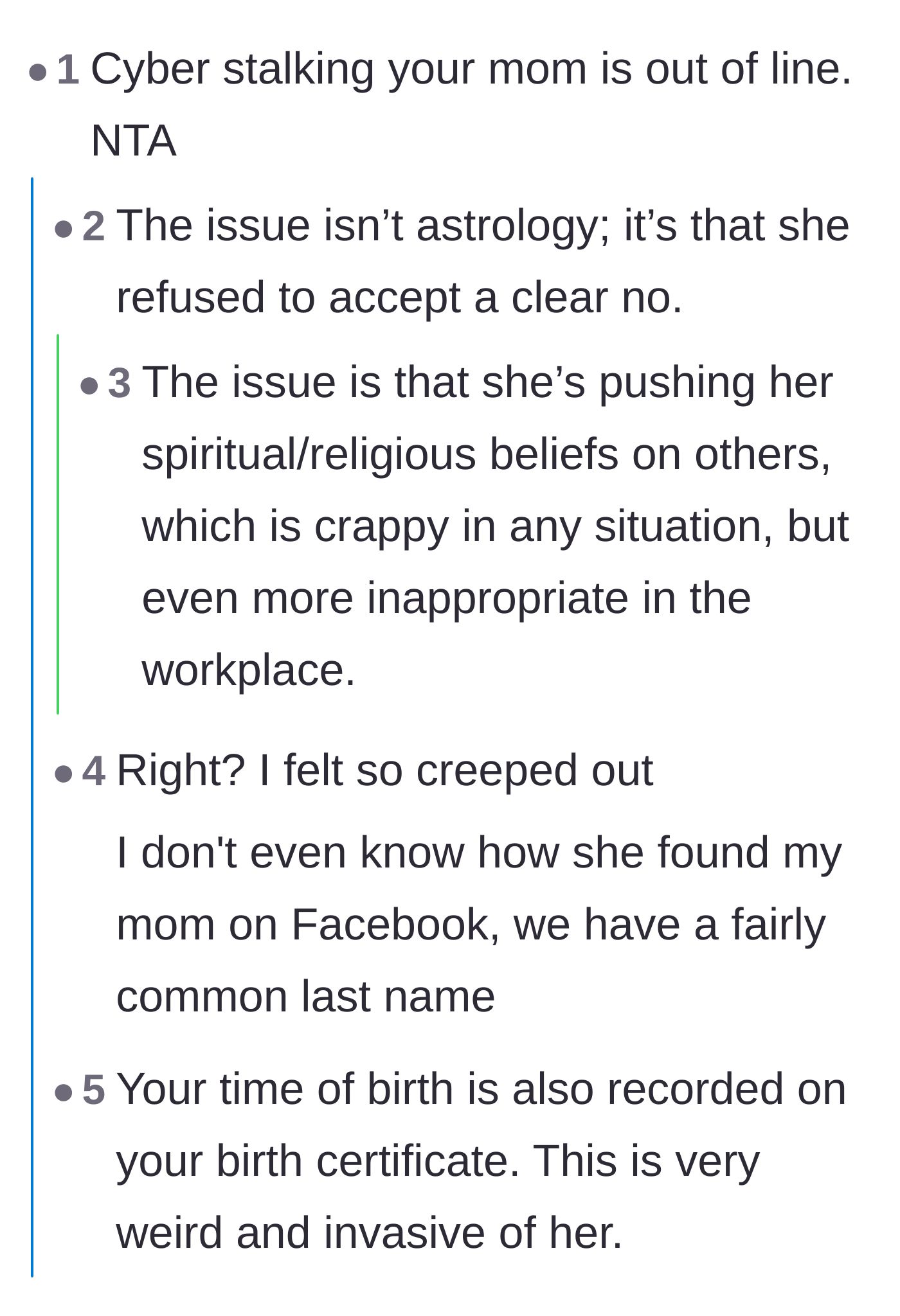 Comment thread 1 - Readers debate whether the core issue is pushing beliefs at work or crossing the line into cyberstalking after a clear refusal.