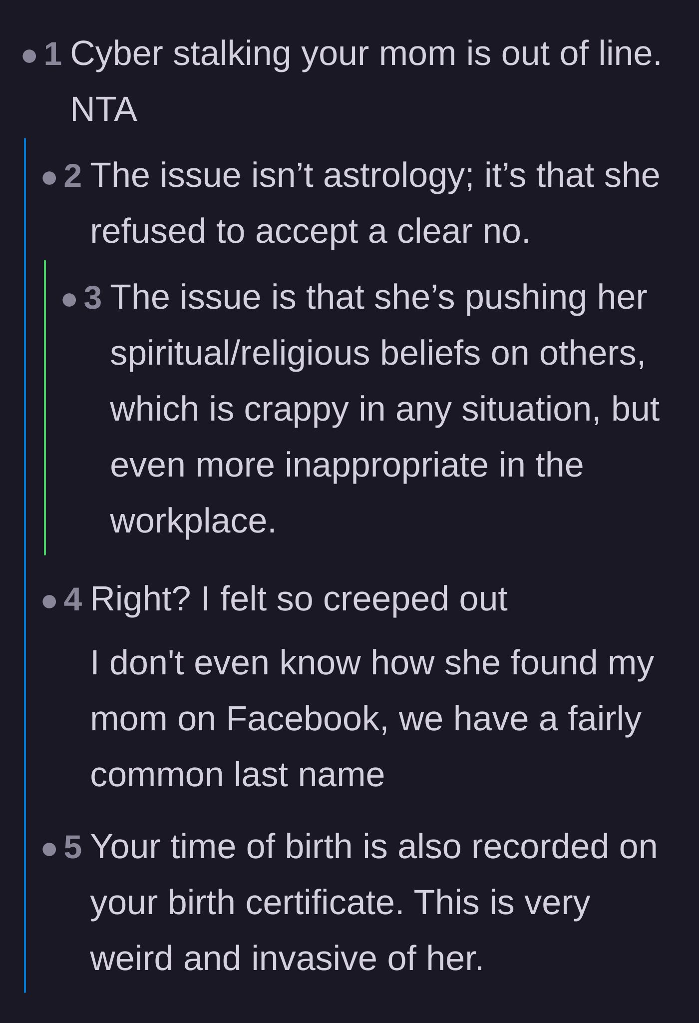 Comment thread 1 - Readers debate whether the core issue is pushing beliefs at work or crossing the line into cyberstalking after a clear refusal.