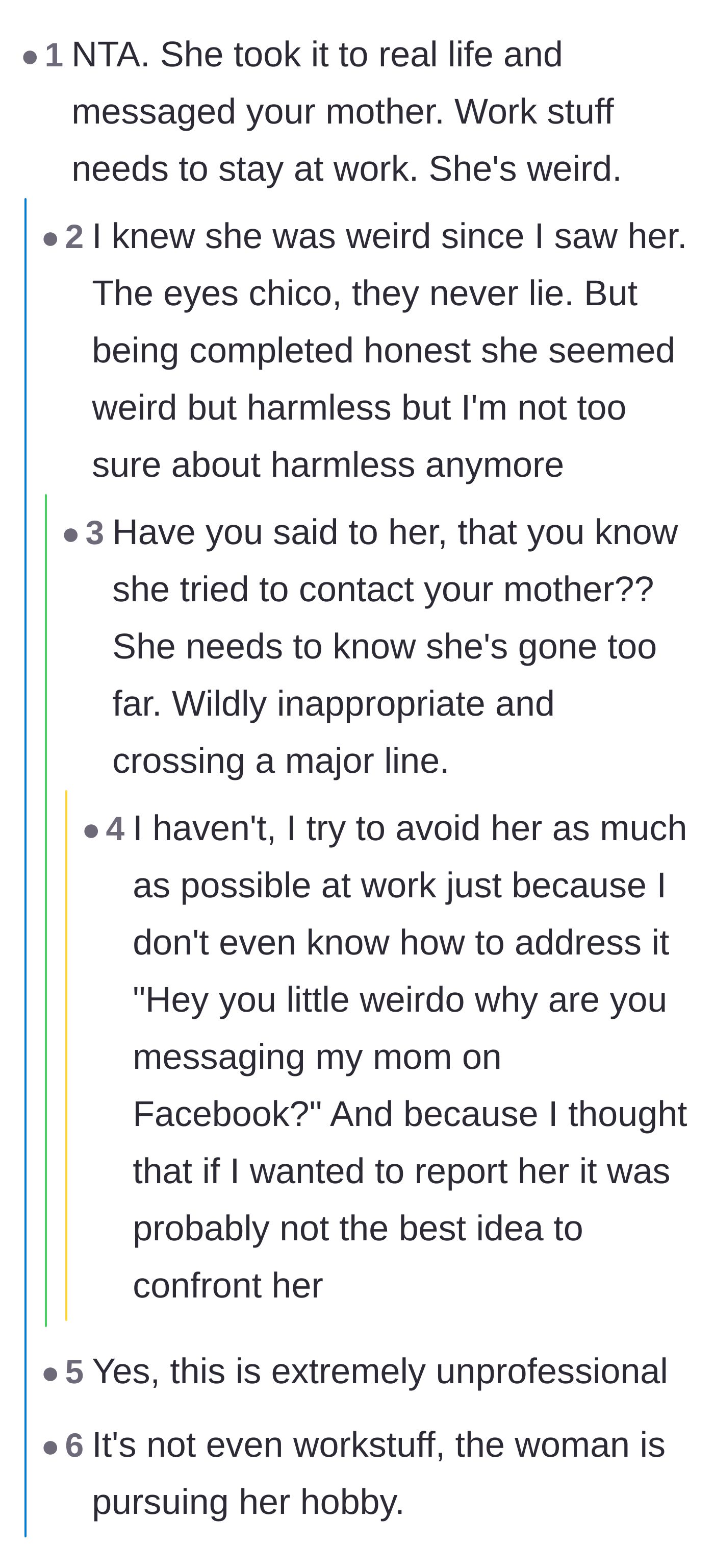 Comment thread 2 - Discussion on keeping workplace matters at work and why the author chose not to confront the coworker before going to HR.