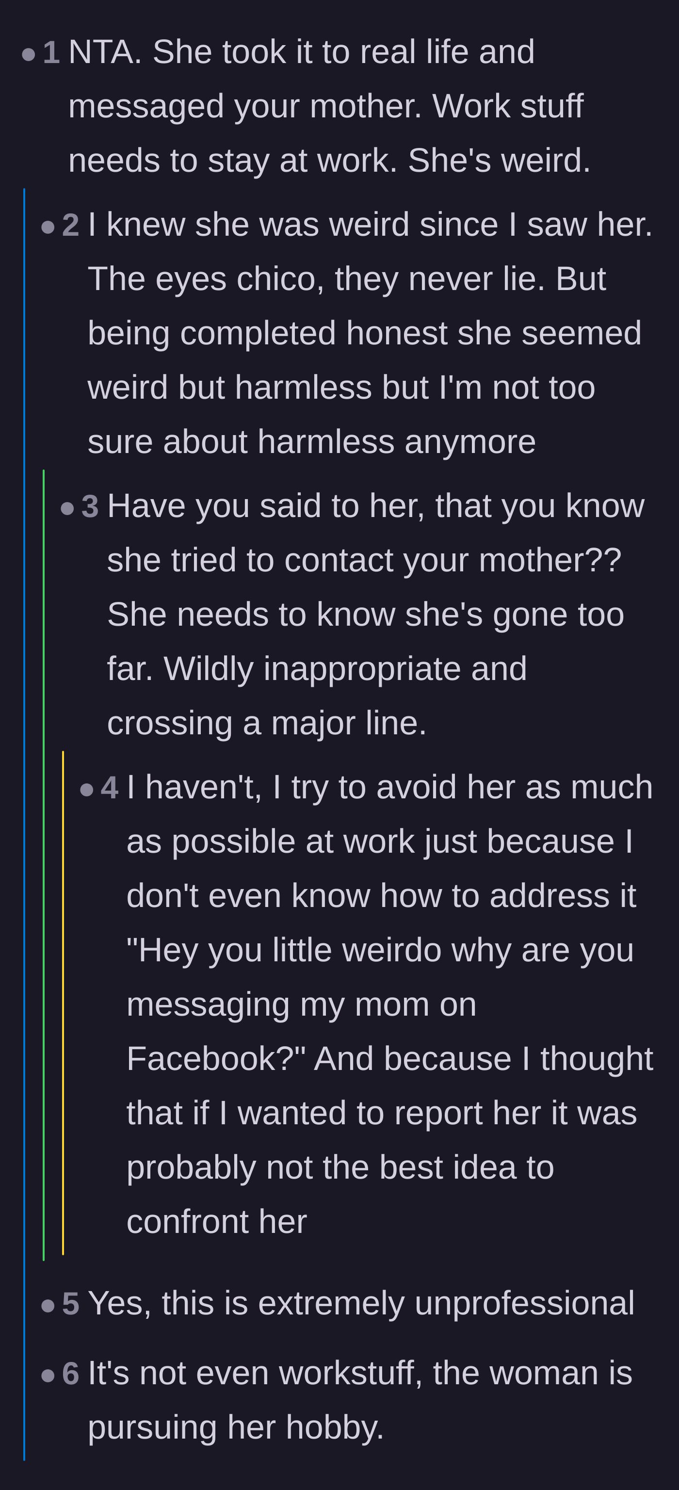 Comment thread 2 - Discussion on keeping workplace matters at work and why the author chose not to confront the coworker before going to HR.