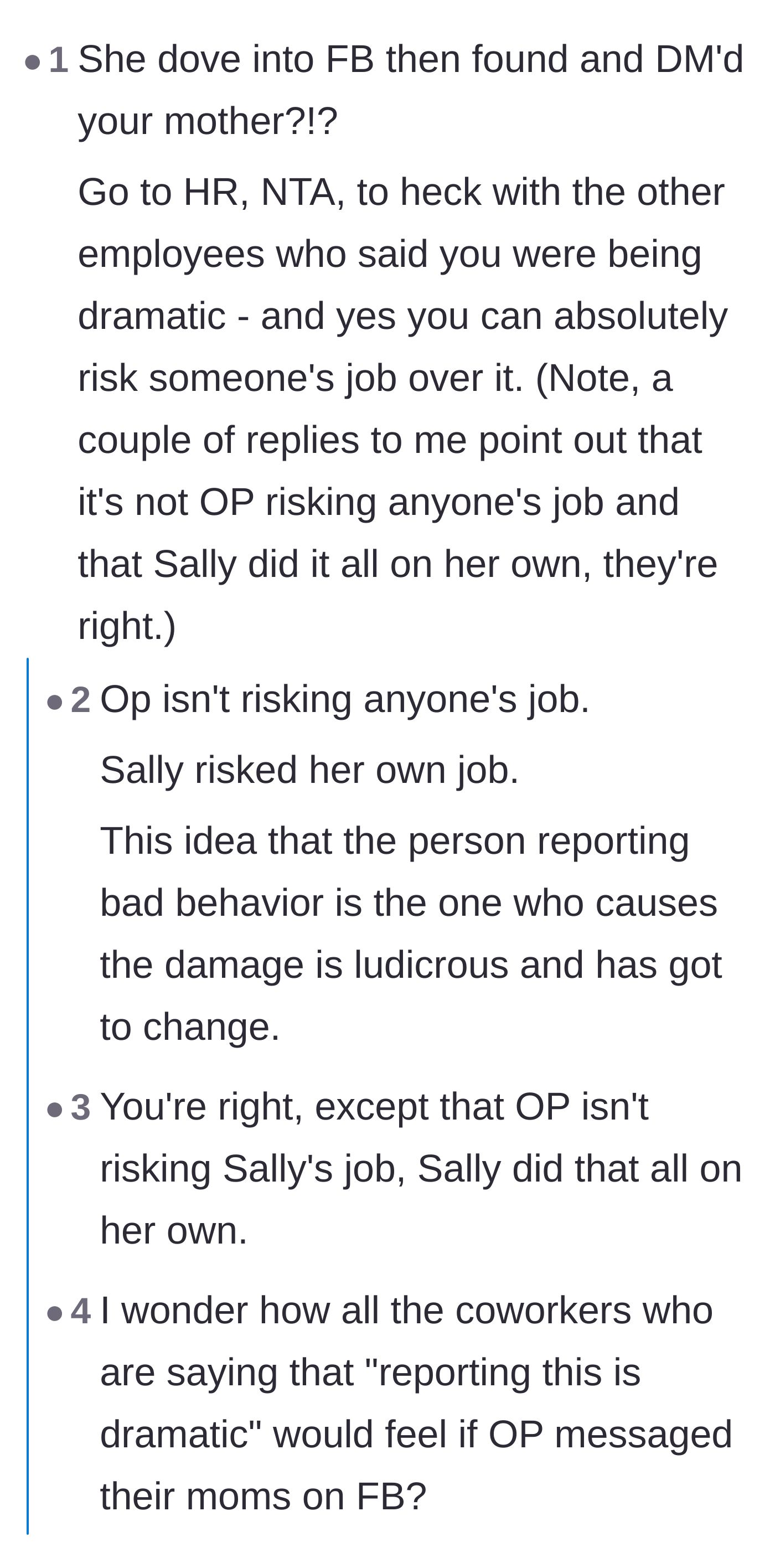 Comment thread 3 - Commenters dismantle the enabling coworkers' claim that reporting the incident puts the stalker's job at risk.