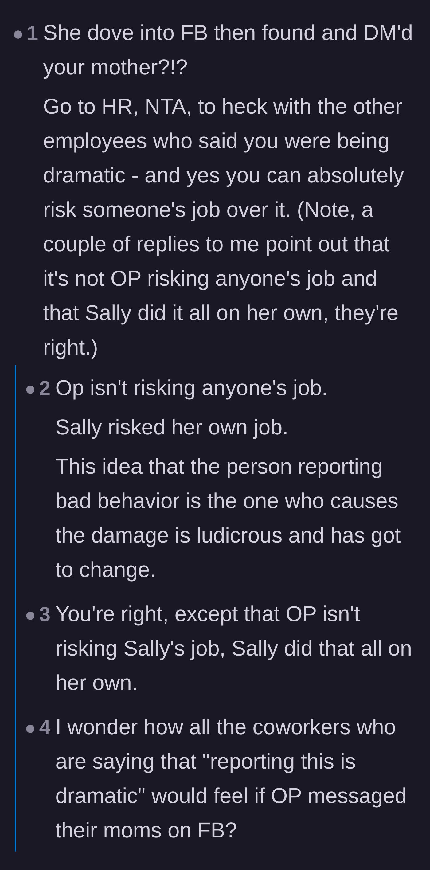 Comment thread 3 - Commenters dismantle the enabling coworkers' claim that reporting the incident puts the stalker's job at risk.