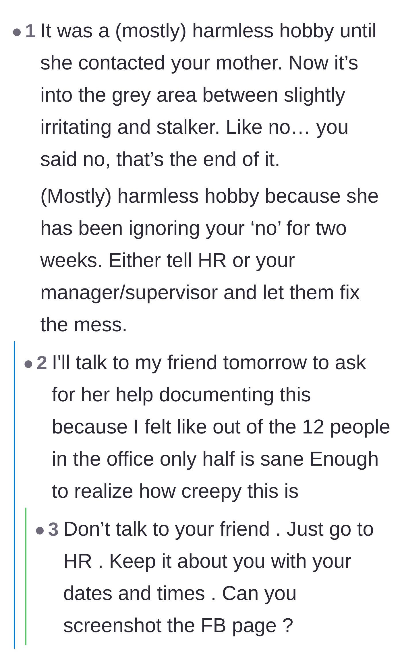 Comment thread 6 - A breakdown of how a seemingly harmless quirk turns into stalking, with strict advice not to involve office friends in the HR report.