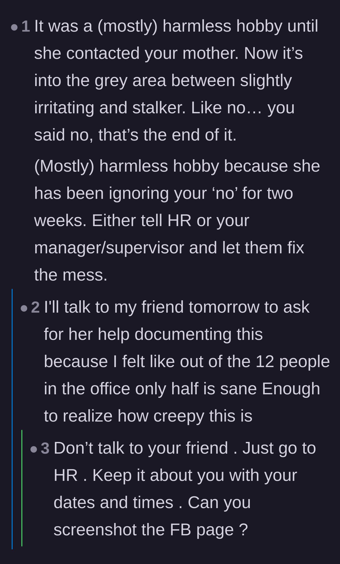 Comment thread 6 - A breakdown of how a seemingly harmless quirk turns into stalking, with strict advice not to involve office friends in the HR report.