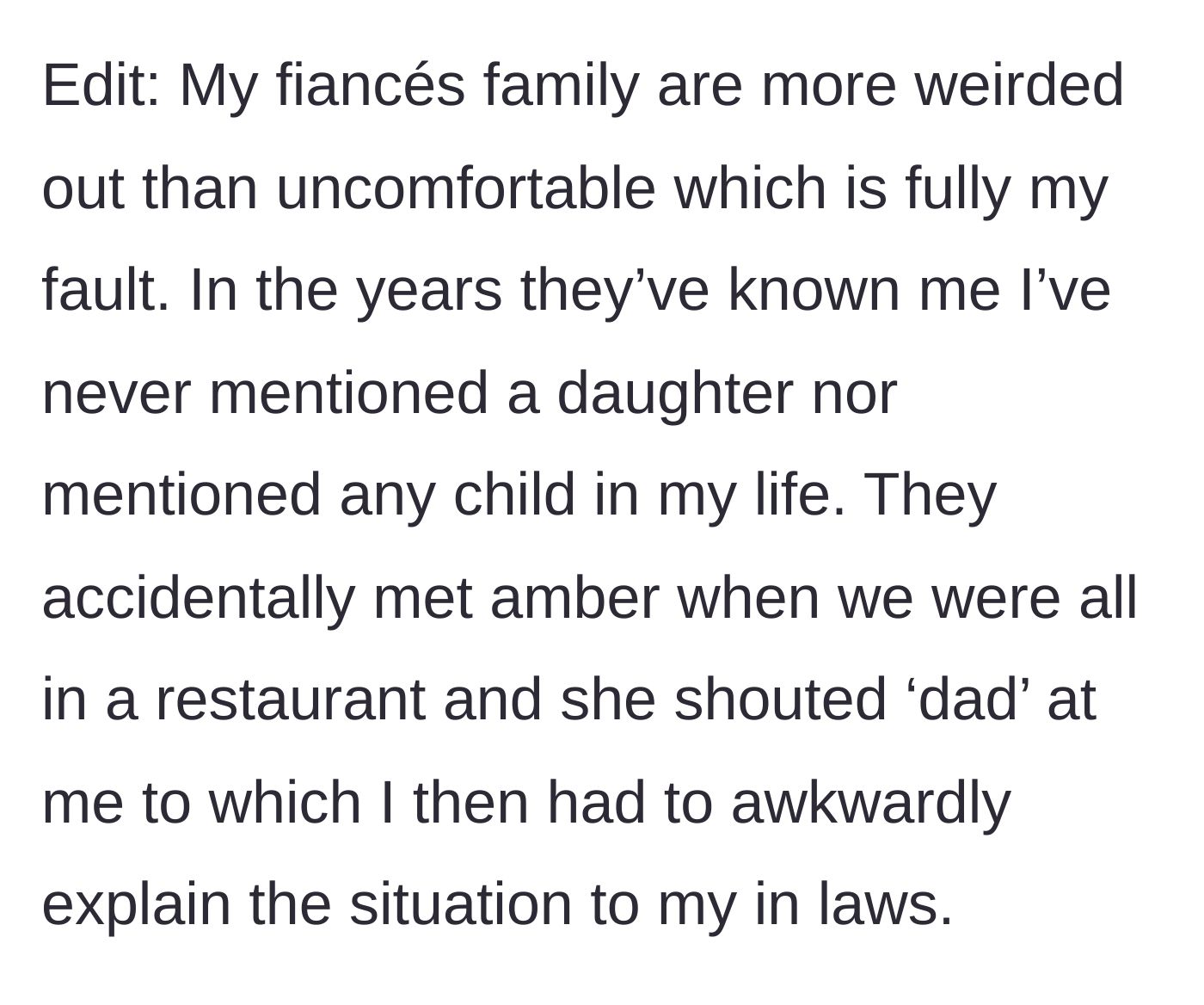 Story part 4 - The man explains that his new in-laws were shocked when a little girl called him dad at a restaurant, as he had completely compartmentalized his past.
