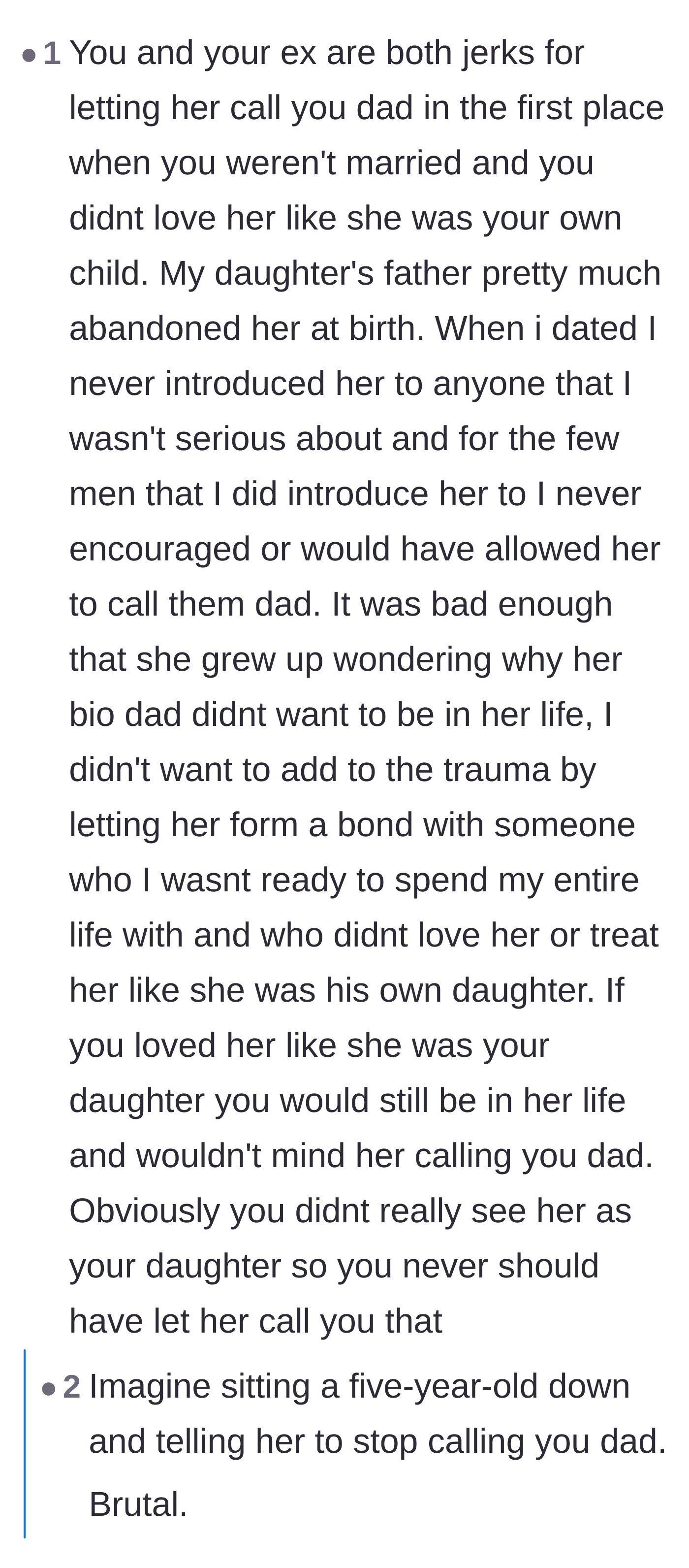 Comment thread 1 - A debate over how both the original poster and his ex fundamentally failed to protect the child's emotional wellbeing.