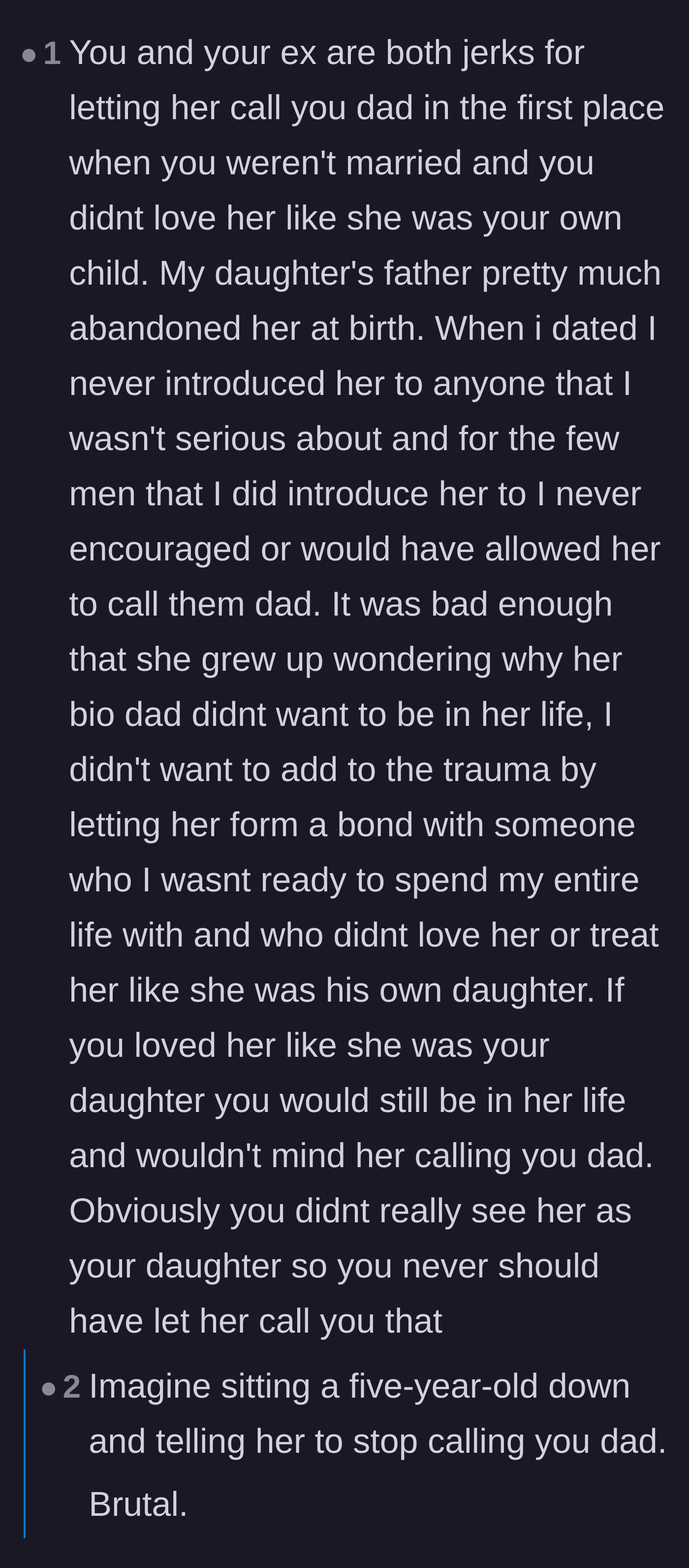 Comment thread 1 - A debate over how both the original poster and his ex fundamentally failed to protect the child's emotional wellbeing.