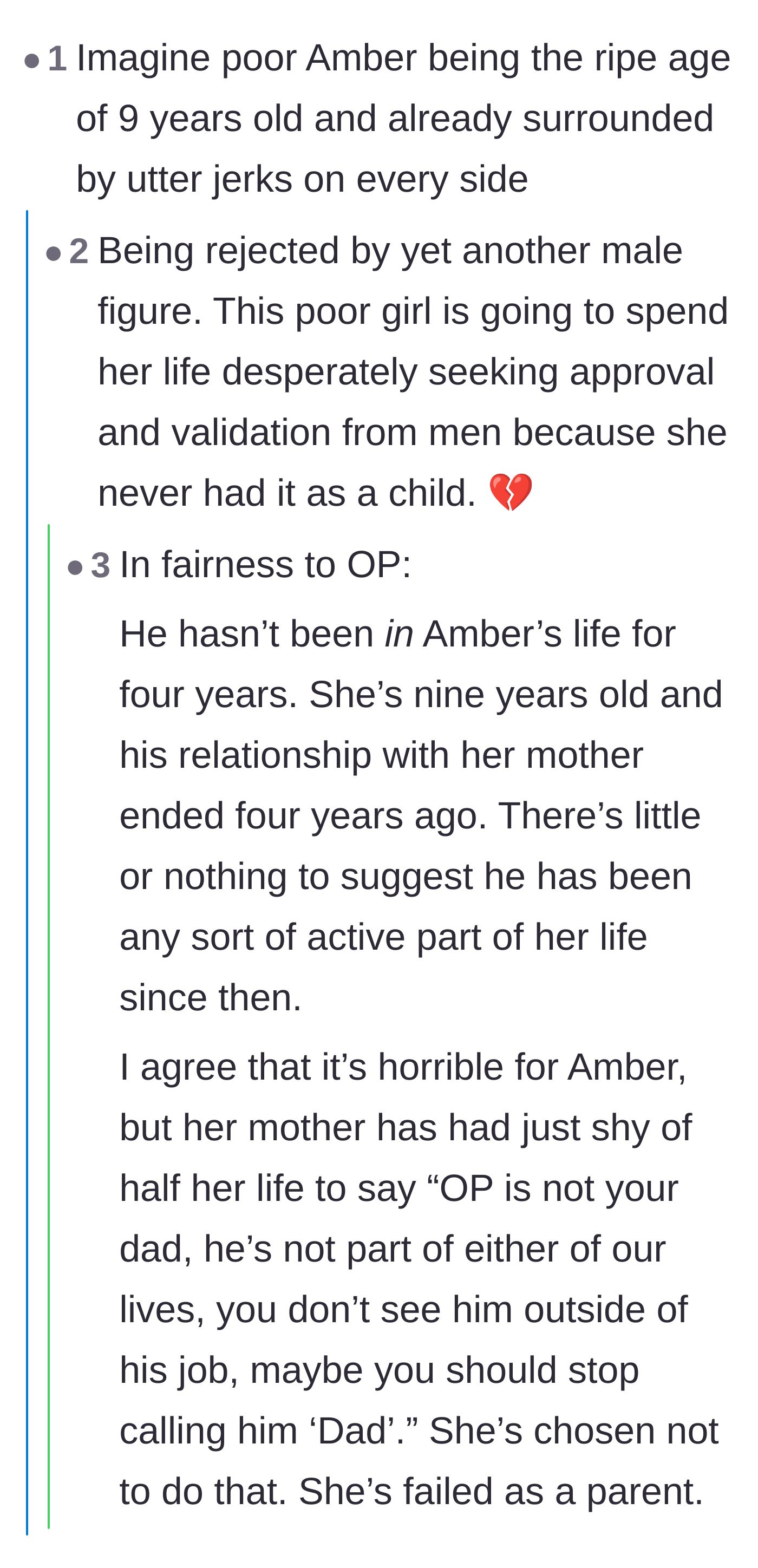 Comment thread 3 - Criticism focused on the mother's failure to gently correct her daughter's perspective over the past four years.