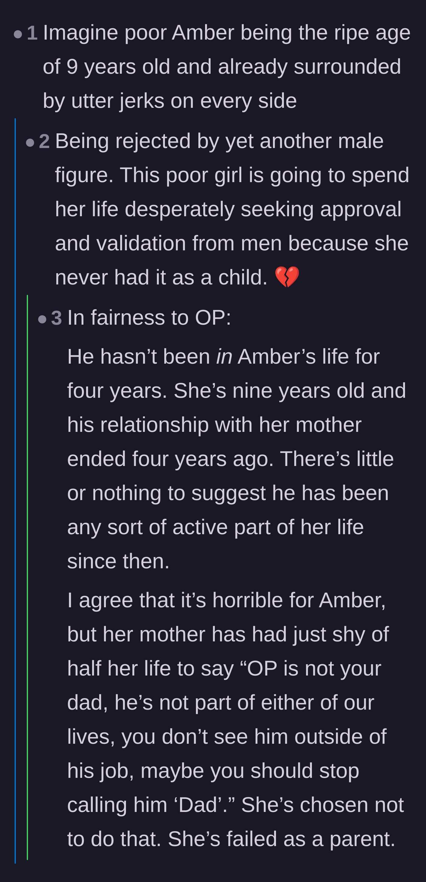 Comment thread 3 - Criticism focused on the mother's failure to gently correct her daughter's perspective over the past four years.