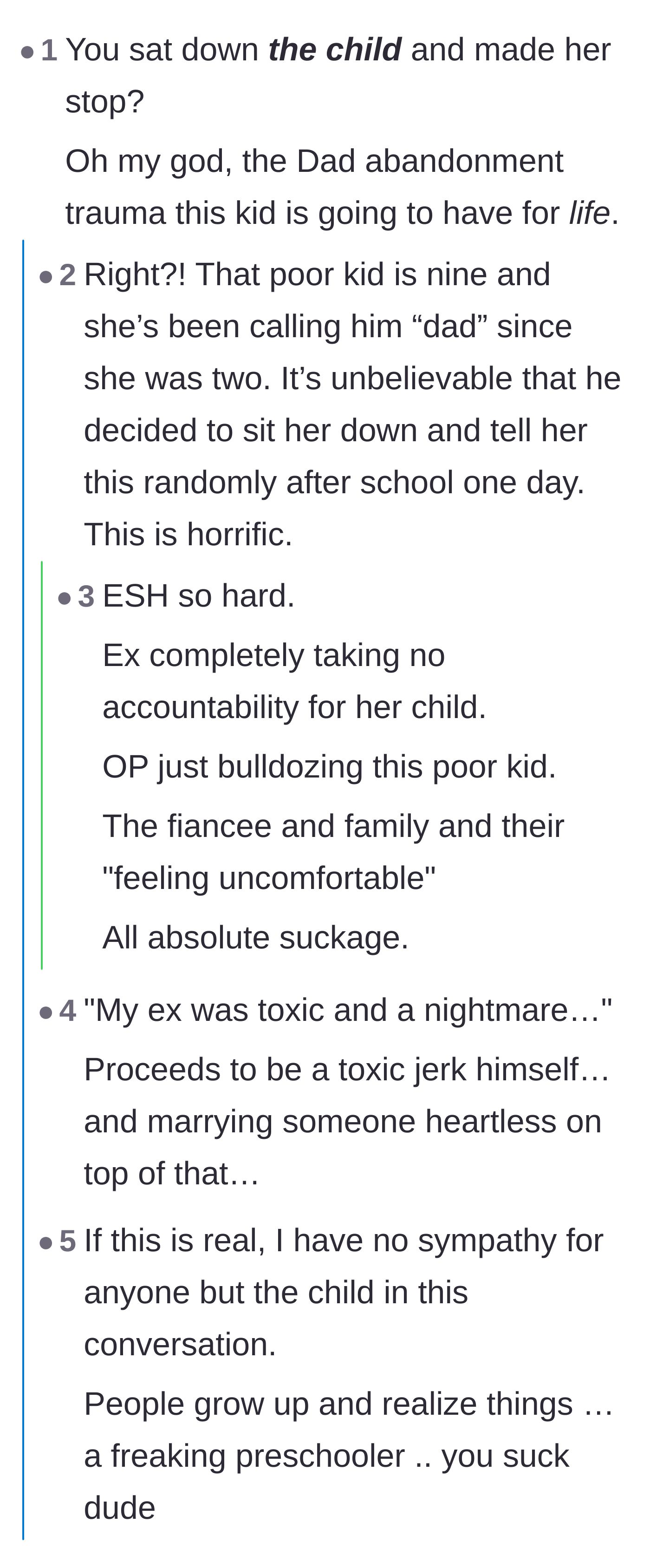 Comment thread 4 - Reactions of pure shock and horror regarding the park bench conversation and the lifelong abandonment trauma it will cause.