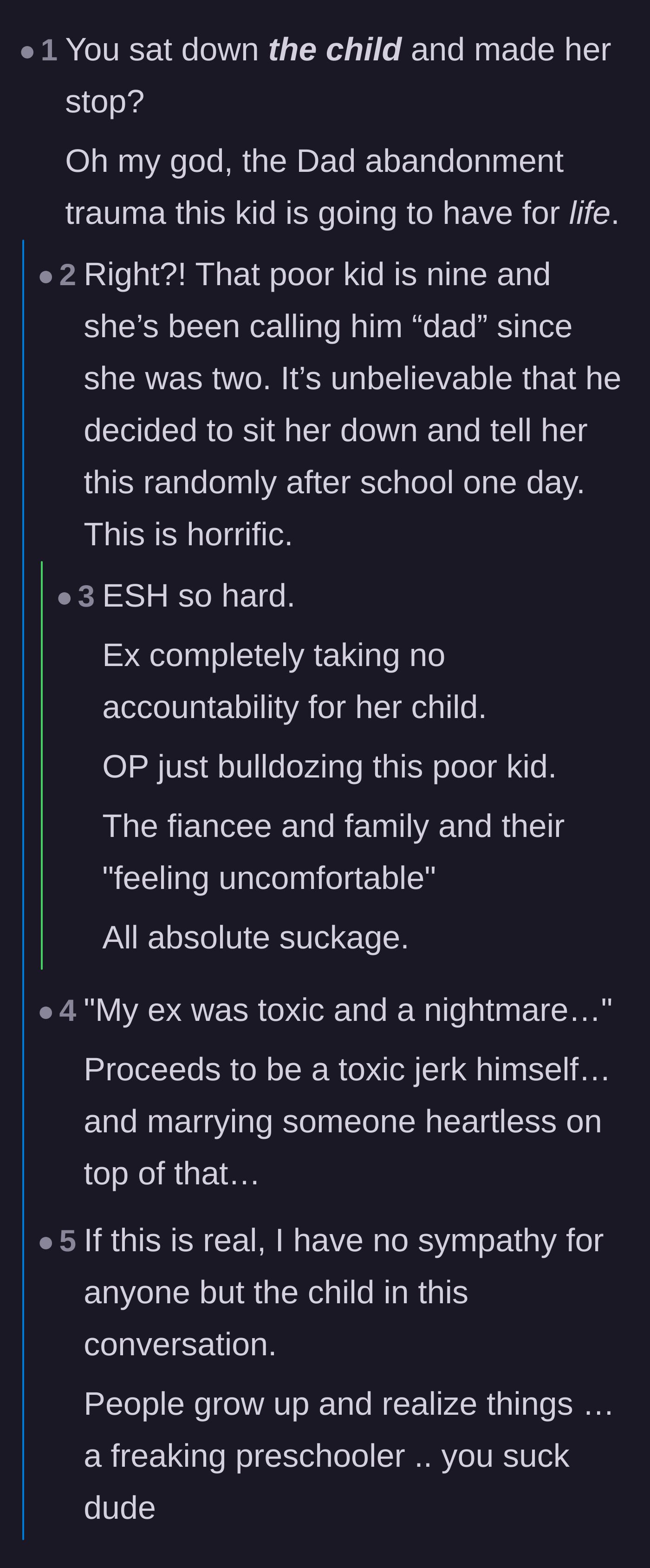 Comment thread 4 - Reactions of pure shock and horror regarding the park bench conversation and the lifelong abandonment trauma it will cause.
