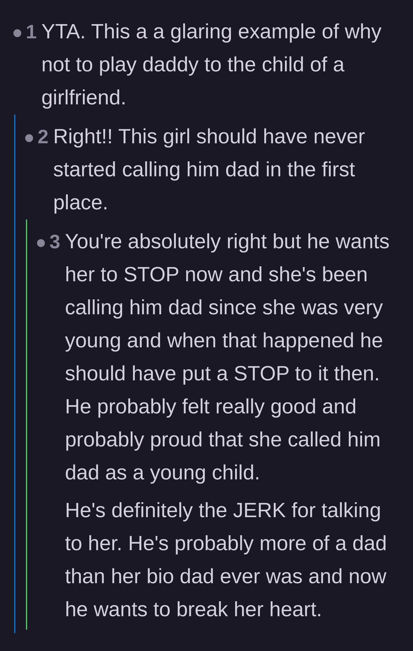 Comment thread 5 - Commentary warning about the dangers of playing a parental role without intending to make a lifelong commitment.