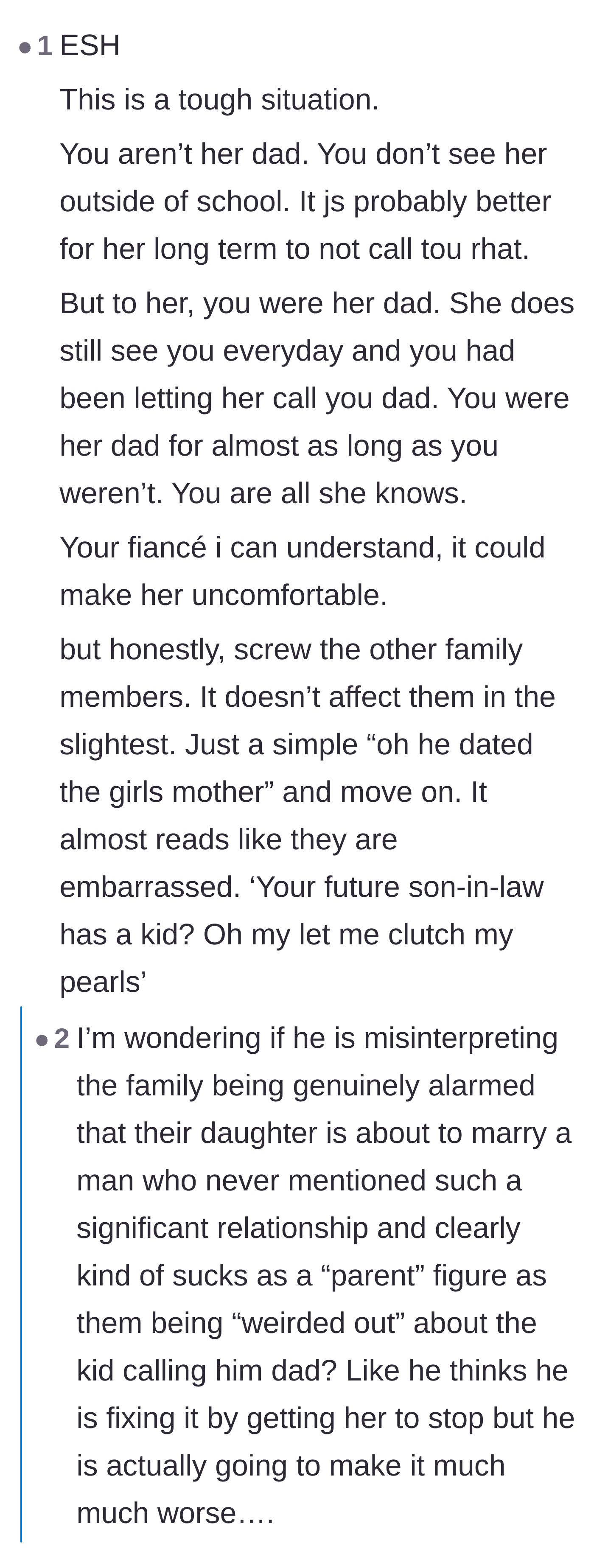 Comment thread 6 - Insight suggesting the fiancée's family is likely horrified by the author's lack of empathy, not the child herself.