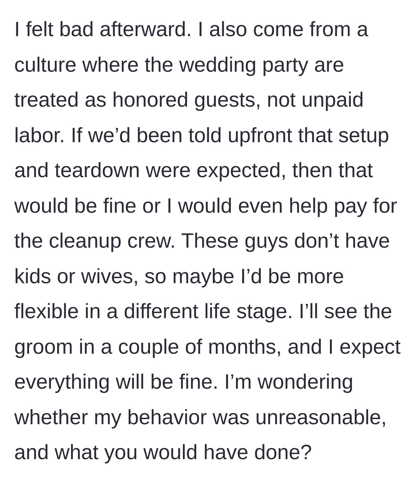 Story part 7 - The main character reflects on the cultural expectations of weddings, feels slightly guilty, but hopes the friendship will survive.