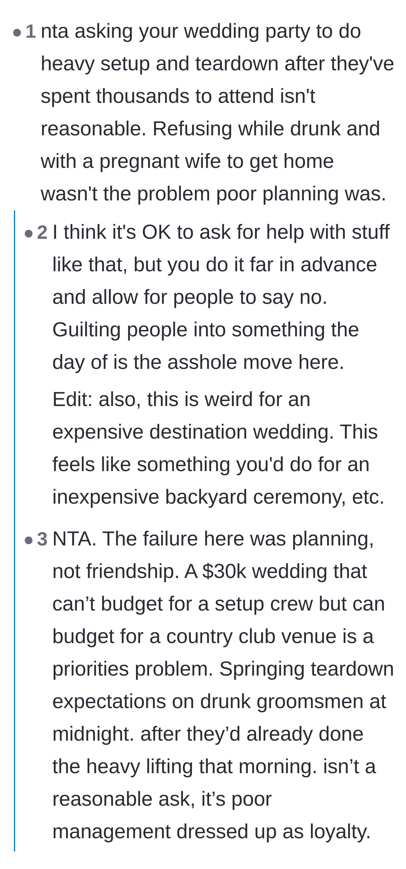 Comment thread 1 - Debating how a massive wedding budget completely failed to include a basic setup and teardown crew.