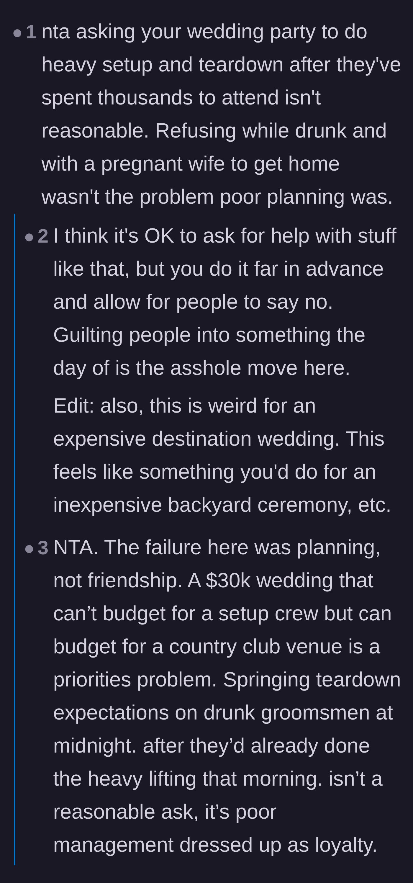 Comment thread 1 - Debating how a massive wedding budget completely failed to include a basic setup and teardown crew.