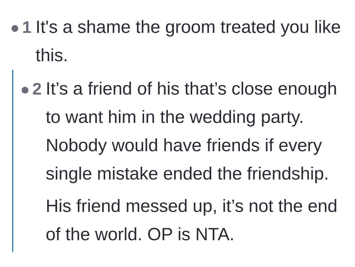 Comment thread 2 - Discussing whether the groom's behavior is a friendship-ending offense or just a very bad mistake.