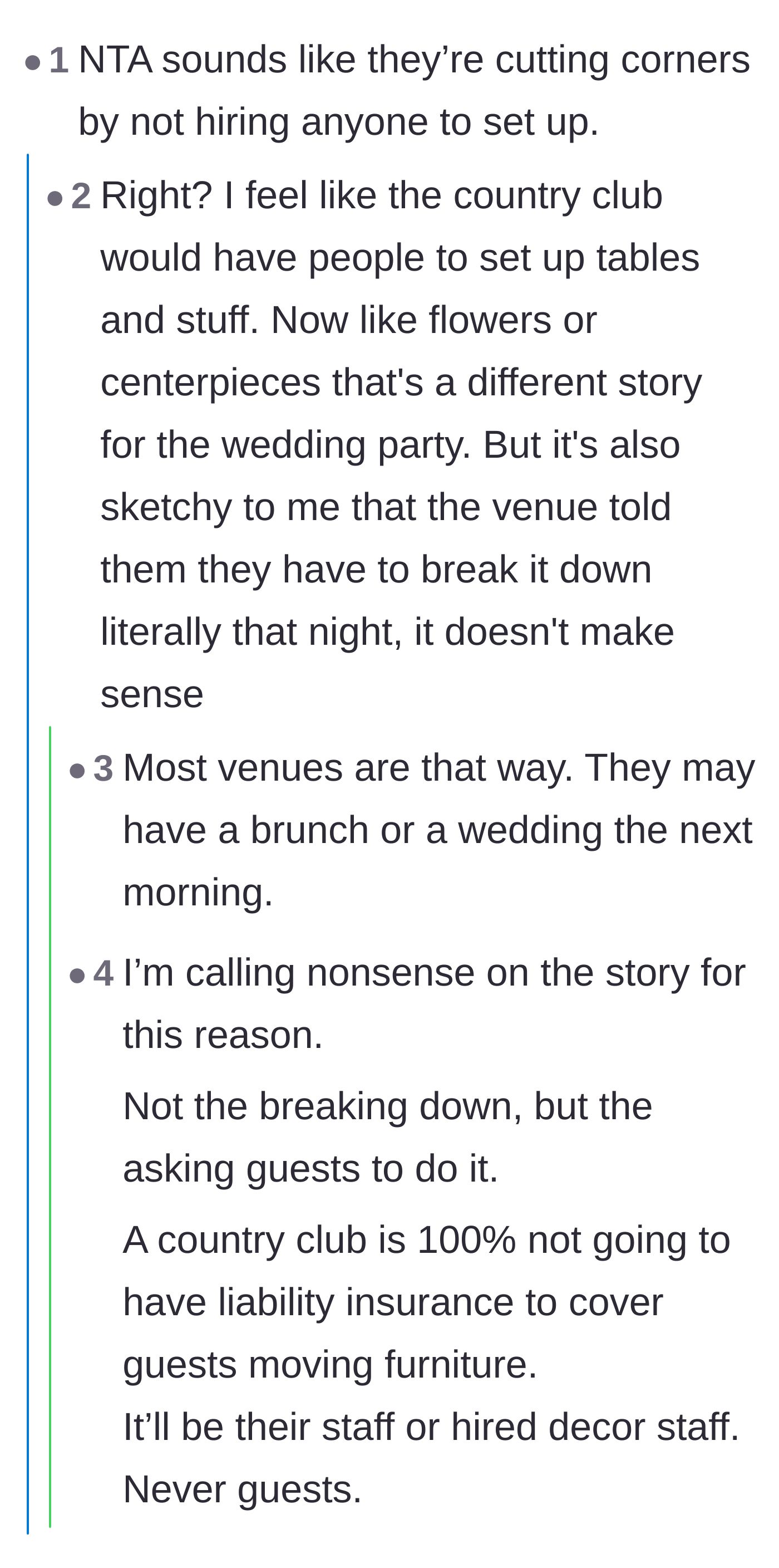 Comment thread 4 - Debating the liability issues of a country club allowing drunken guests to move heavy furniture.