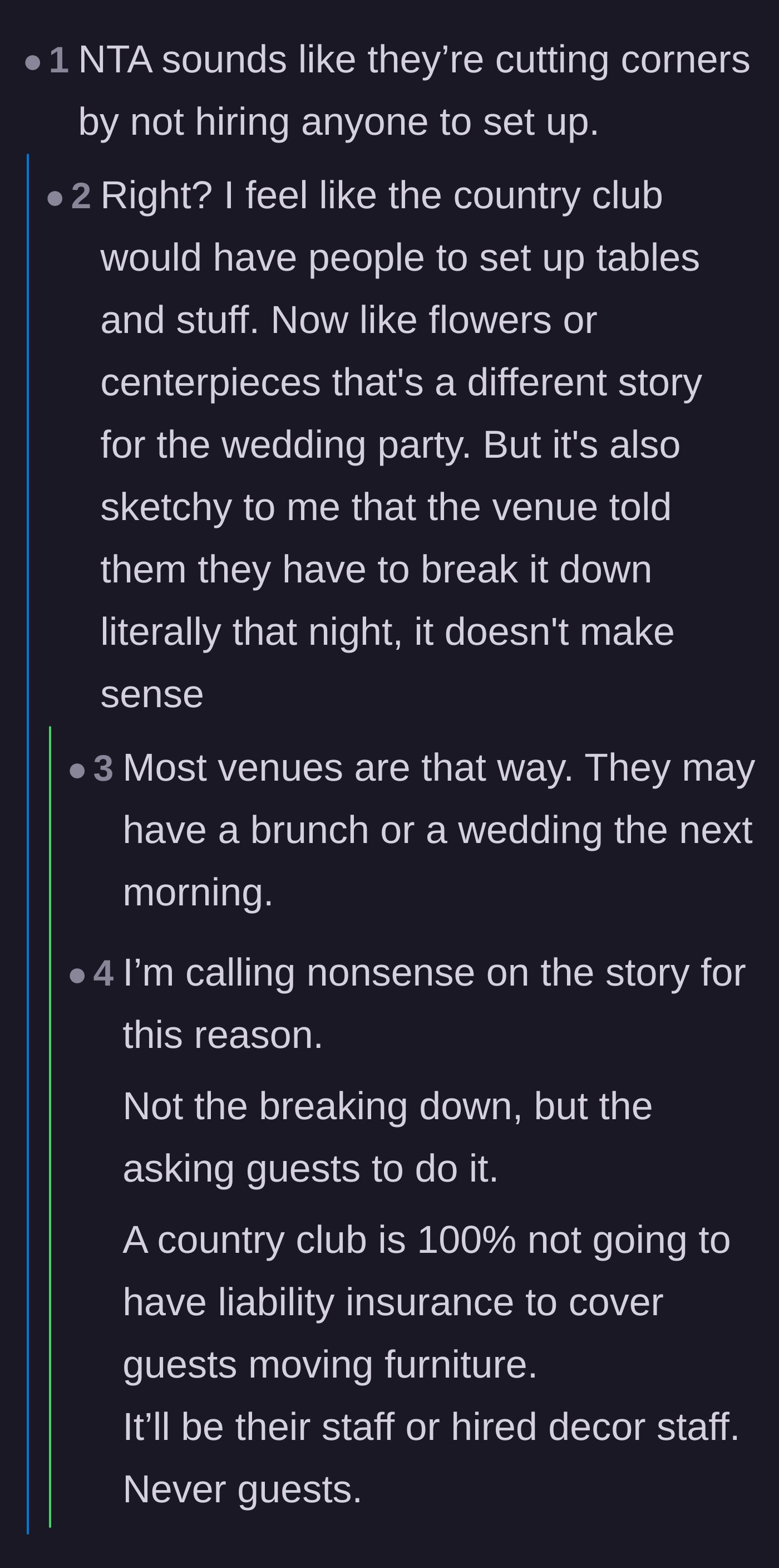 Comment thread 4 - Debating the liability issues of a country club allowing drunken guests to move heavy furniture.