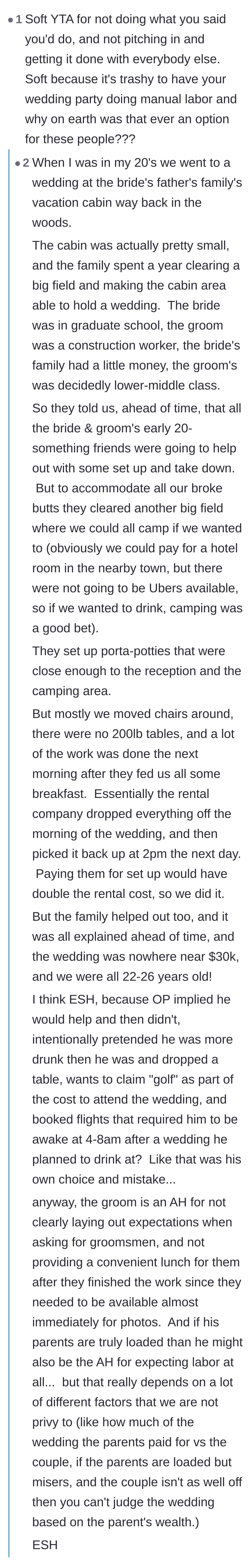 Comment thread 6 - Comparing this expensive country club disaster to a well-planned, budget-friendly DIY cabin wedding where expectations were clear.