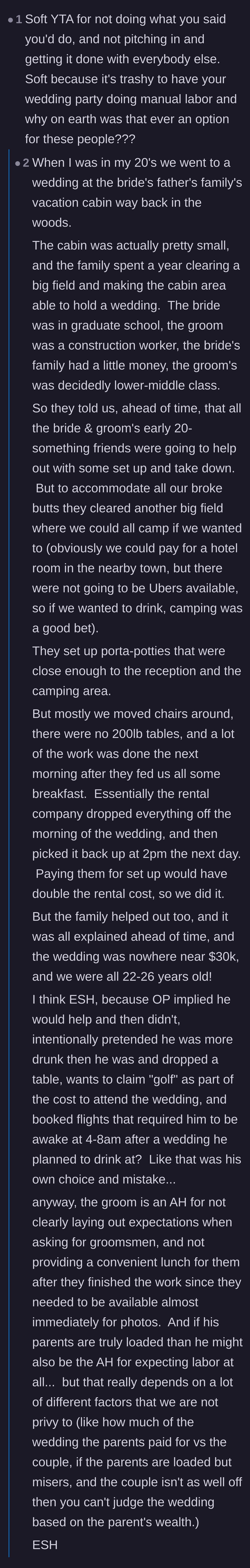 Comment thread 6 - Comparing this expensive country club disaster to a well-planned, budget-friendly DIY cabin wedding where expectations were clear.