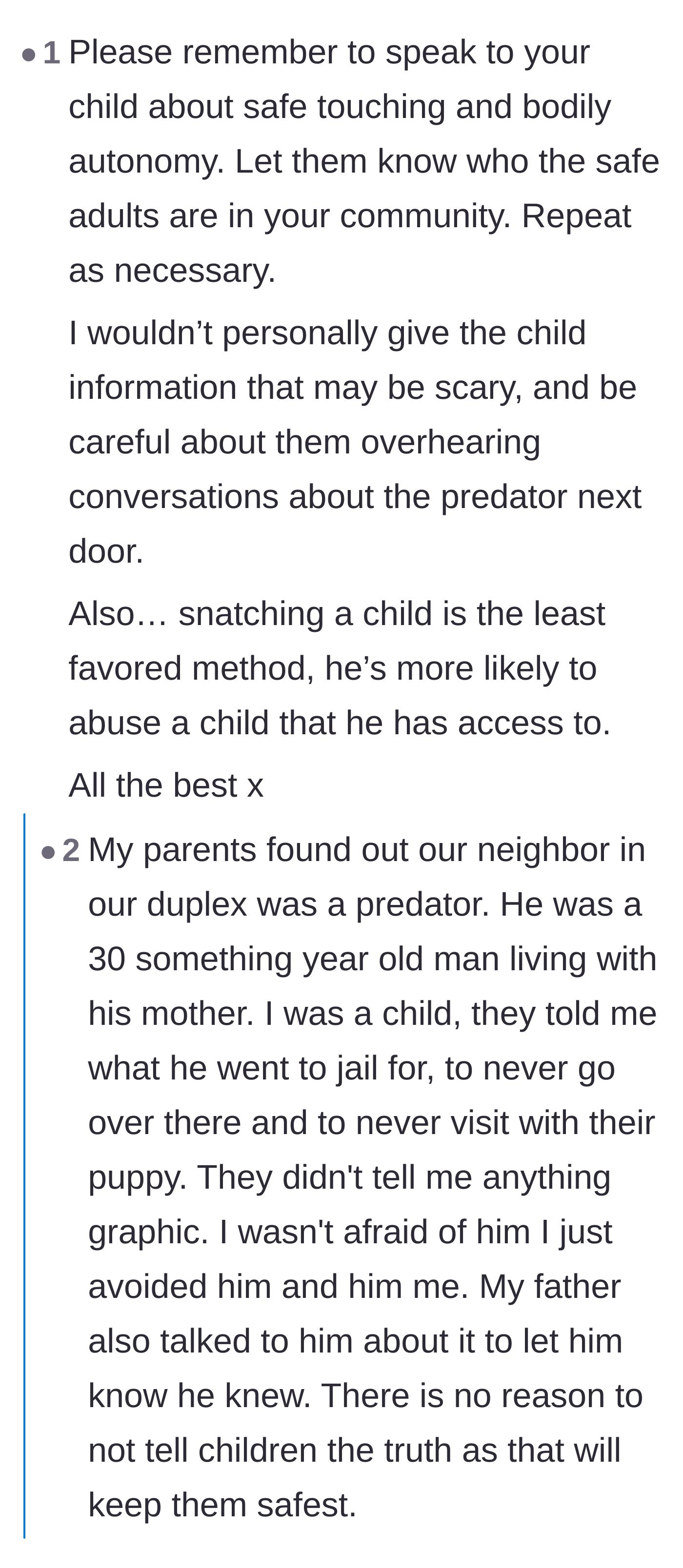 Comment thread 3 - Parents debate the heartbreaking necessity of teaching children about dangerous adults without traumatizing them.